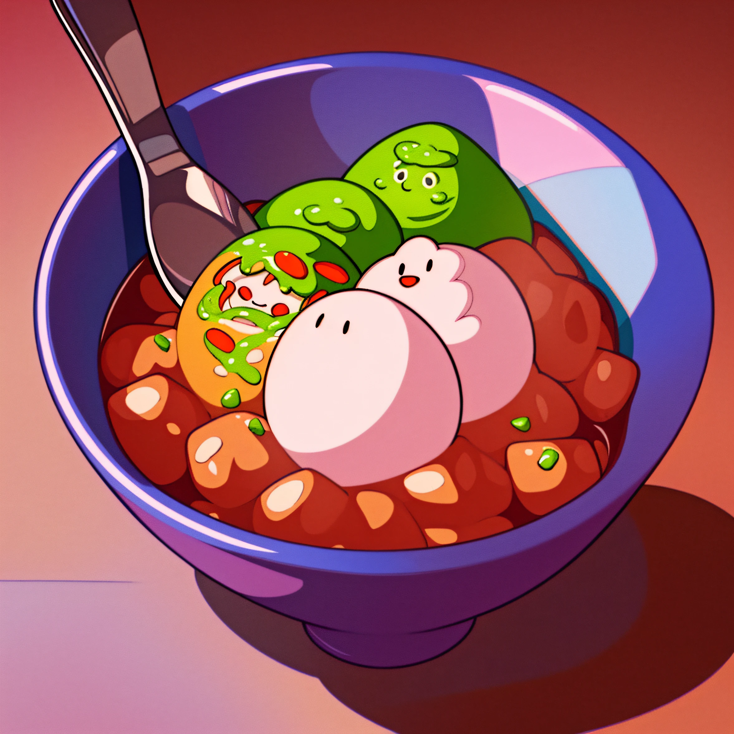 A cartoon of a bowl of food,Spoon and spoon sticking out, mapo tofu cartoon, negao, daopao, doomy, oozing, Digital illustration, (Snow), inspired by Doug Ohlson, drooling goo, Inspired by Tadanori Yokoo, Official artwork, wallpaper - 1 0 2 4, full-colour illustration