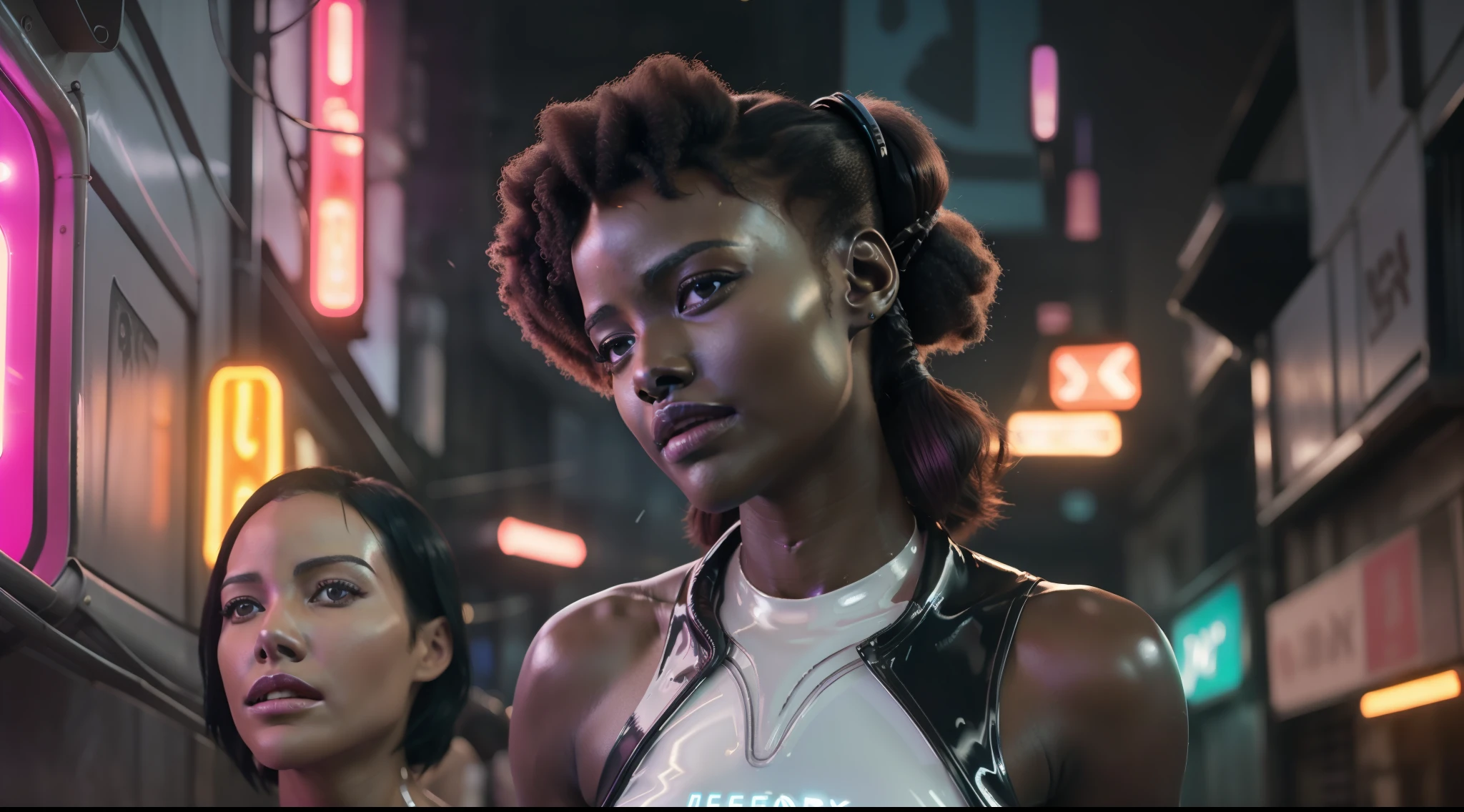 (8k, ARTISTIC photography, best quality, masterpiece: 1.2) ((Lupita nyong'o)) film still of a photorealistic beautiful afro-american woman, ( in neon-lit cyberpunk alley wearing a futuristic WHITE latex dress:1.5), cute face, ebony (edgerunner, geisha):1.25, staring at the camera in front, pink hair,((dynamic pose))) over-detailed face,, beautiful body, toned body, latex fetish, 8k uhd, SLR camera, soft lighting, high quality, film grain, Arri Alexa mini , , Cinematic lighting, octane render, Bar lighting, complex, 8k resolution concept art portrait , edgerunner, blade runner, Cyberpunk 2077, fractal isometrics details bioluminescence, hyperrealistic, photo awesome, gritty, realistic, (((pure 8K))), (((perfect anatomy))), extremely high-quality graphics, Riddley Scott, Blade Runner, Denis Villeneuve, Cyberpunk 2077, Altered carbon, (((cinematic lighting))), ((clear details)), complex, highly detailed background,