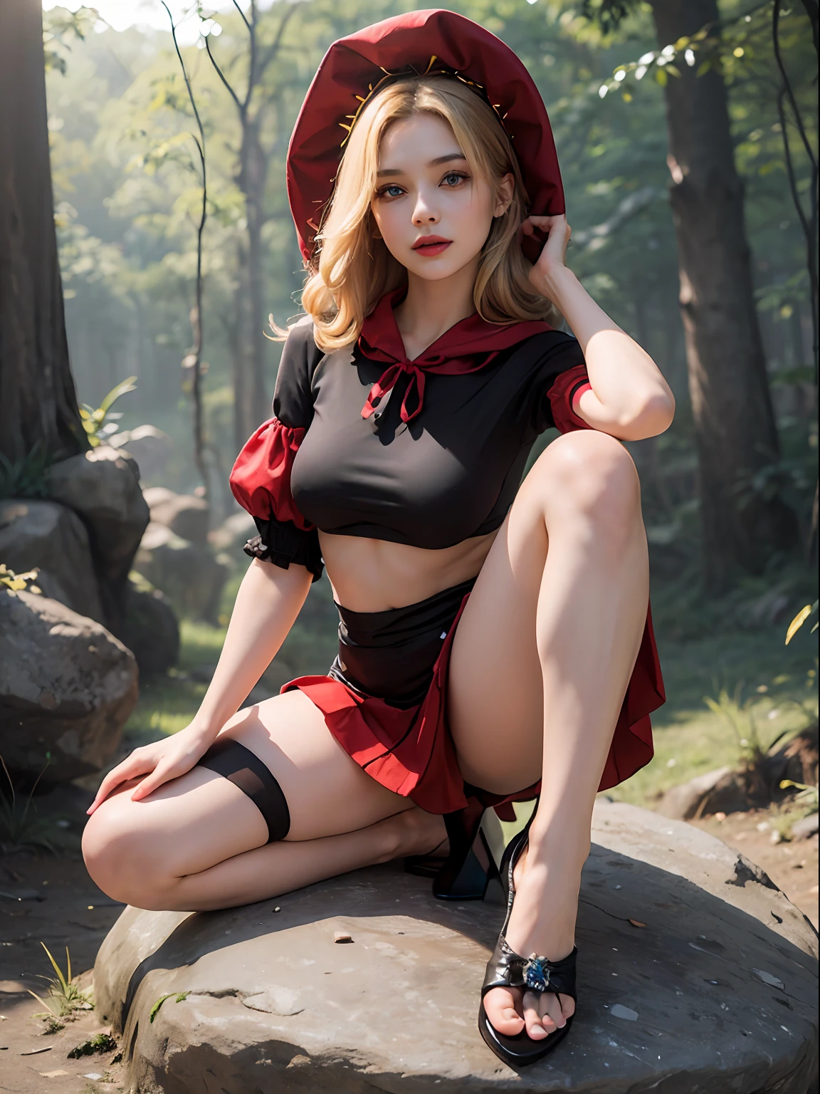 velvet, (red hood, crop top, puffy sleeves, star hat headdress, long skirt, vertical-striped stockings, high heels:1.2), (blonde:1.2), sexy expression, sexy and beautifull eyes, medium breasts, smile, cute, (breast focus: 1.2), (on the forest:1.2), (sit on a rock:1.2), (natural skin texture, hyperrealism), (photorealistic:1.4), (full body:1.5), (full shot:1.2), (realism), (masterpiece:1.2), (best quality), (ultra detailed), (8k, 4k, intricate), (85mm), light particles, lighting, (highly detailed:1.2), (detailed face:1.2), (gradients), colourful, (hiperdetailed eyes:1.2), (detailed background), (dynamic angle:1.2), (dynamic pose:1.2), (Line of action:1.2), wide shot, daylight, solo.