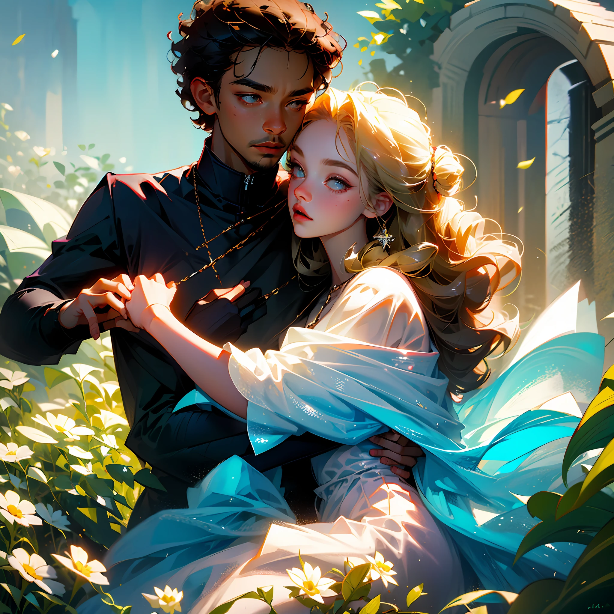 boy with short blond hair, with a girl with curly hair hugging a beautiful couple --auto