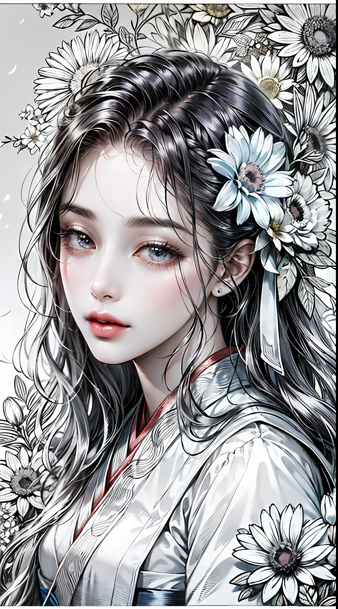 Masterpiece, Best Quality, 1girl, Head Close-up, Hanfu, Fantasy, Flower, Flower Line Drawing Background, Art Line, Monochrome,