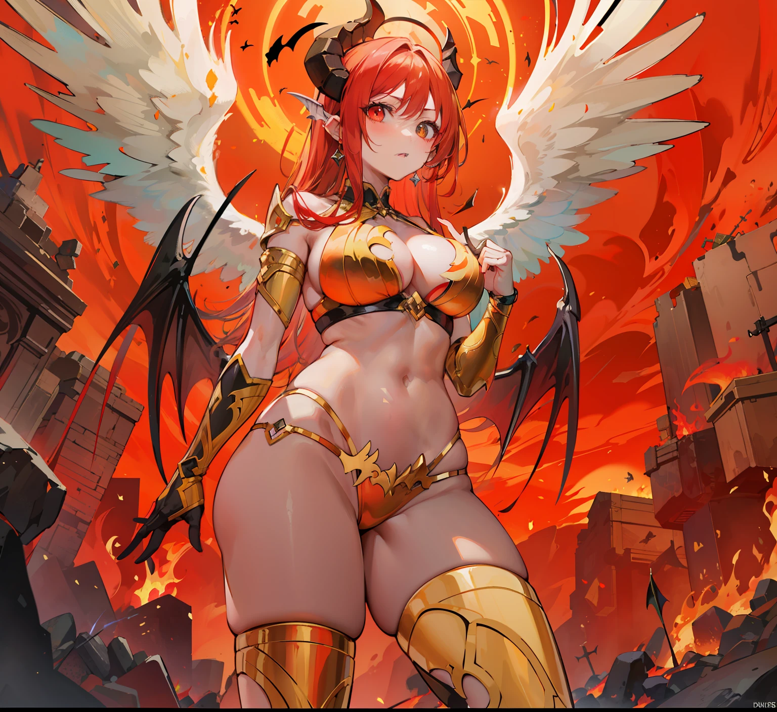 anime - style illustration of a woman with wings and a sword, anime goddess, hot fire goddess, demon anime girl, demoness, appears as the fire goddess, mika kurai demon, fire goddess, angel in hell, with fiery golden wings, goddess of anger, with fiery golden wings of flame, succubus, knights of zodiac girl, demon girl, goddess of fire, biG breaST, dark and gritty bacground, fire ash on air, shiny sparks, hellish place, shiny halo with lens flare