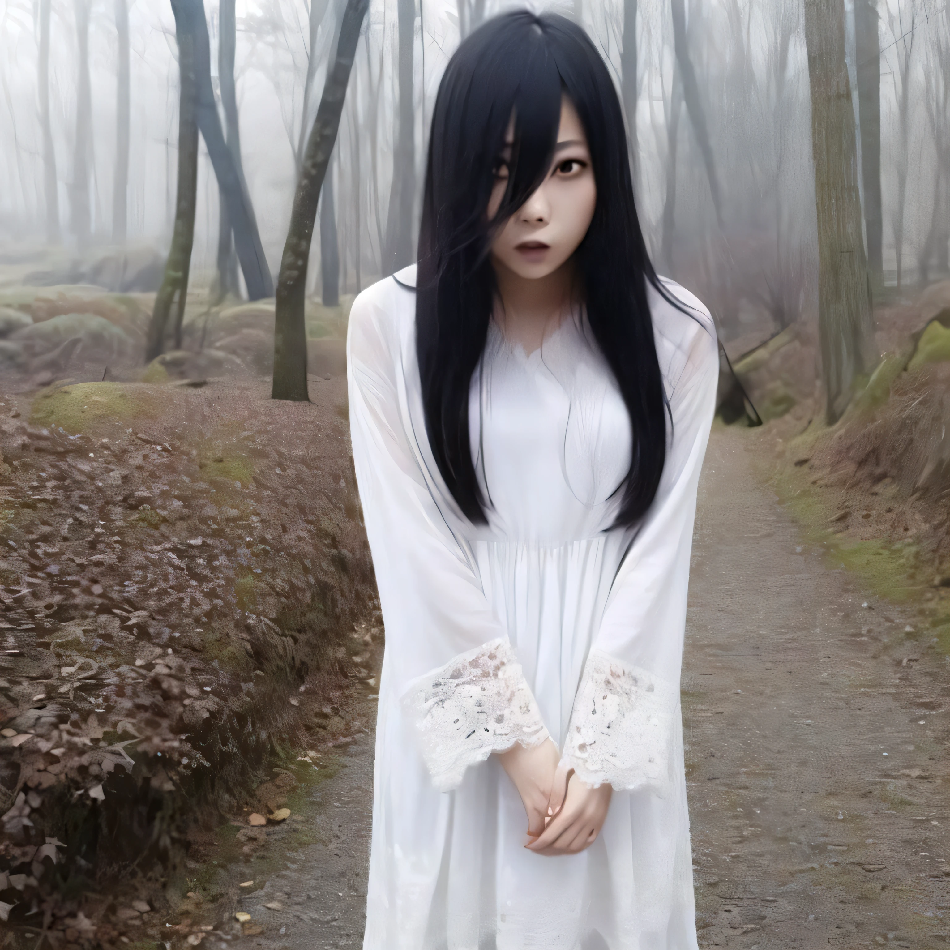 ((masterpiece)),(best quality), absurdres,sadako_yamamura,red eyes, white dress,
