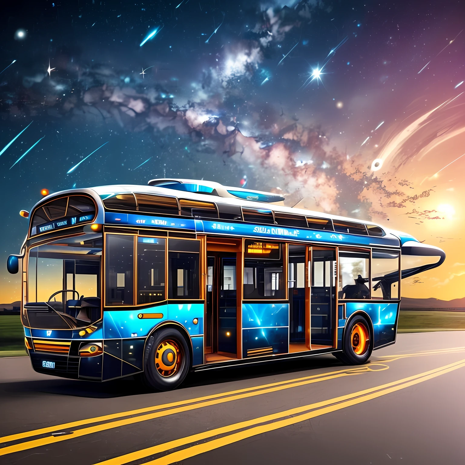 A MIX OF FUTURISTIC BUS AND SPACESHIP, STEAMPUNK, JET ENGINES, SAILING ON THE PAVED ROAD, FULL HD, masterpiece, masterpiece, high detail, universe, space, galaxy, stars, planets