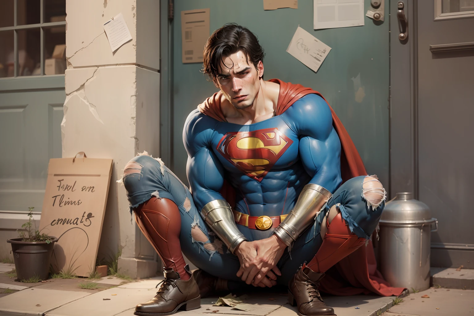 superman as a beggar all dirty with his superhero costume all torn up sitting on the sidewalk begging