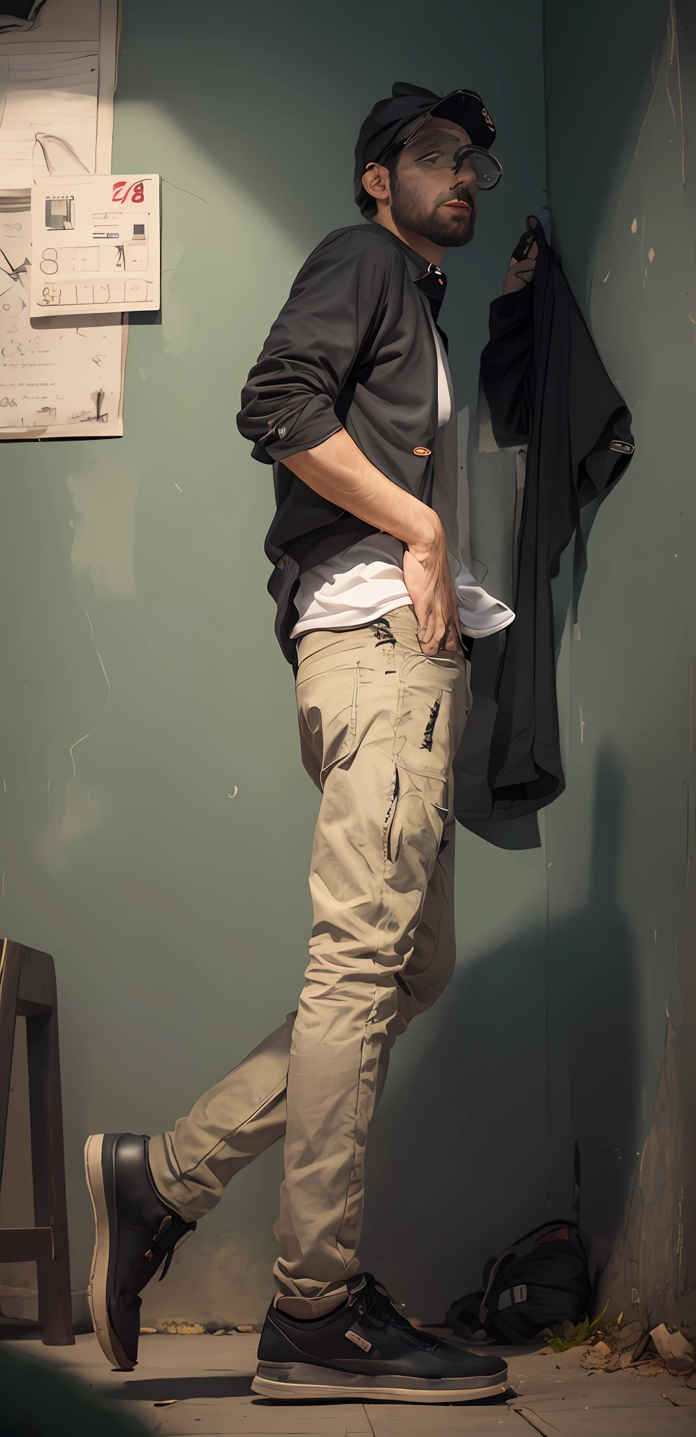 arafed man in a black shirt and khaki pants standing in a corner, wearing cargo pants, wearing pants, wearing only pants, casually dressed, cargo pants. cyberpunk city, wearing pants and a t-shirt, with hands in pockets, by Thomas Häfner, cargo pants, baggy pants, with two front pockets, cinematic outfit photo