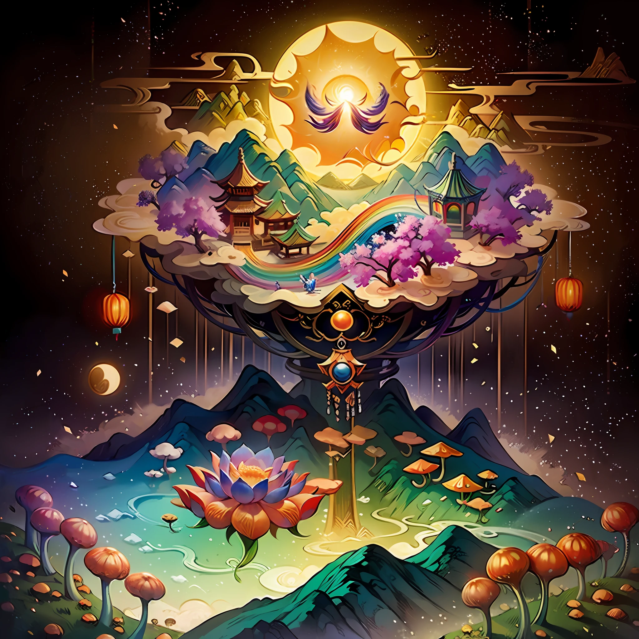 An ancient Chinese painting, ancient Chinese background, mountains, rivers, auspicious clouds, pavilions, sunshine,(psychedelic details),(mushrooms),lotus,(rainbow),(trippy),(DMT),intricate details, more details, high details,masterpieces, super detail, epic composition, ultra HD, high quality, extremely detailed, official art, unified 8k wallpaper,(show full objects ),Super detail, 32k -- v 1.7