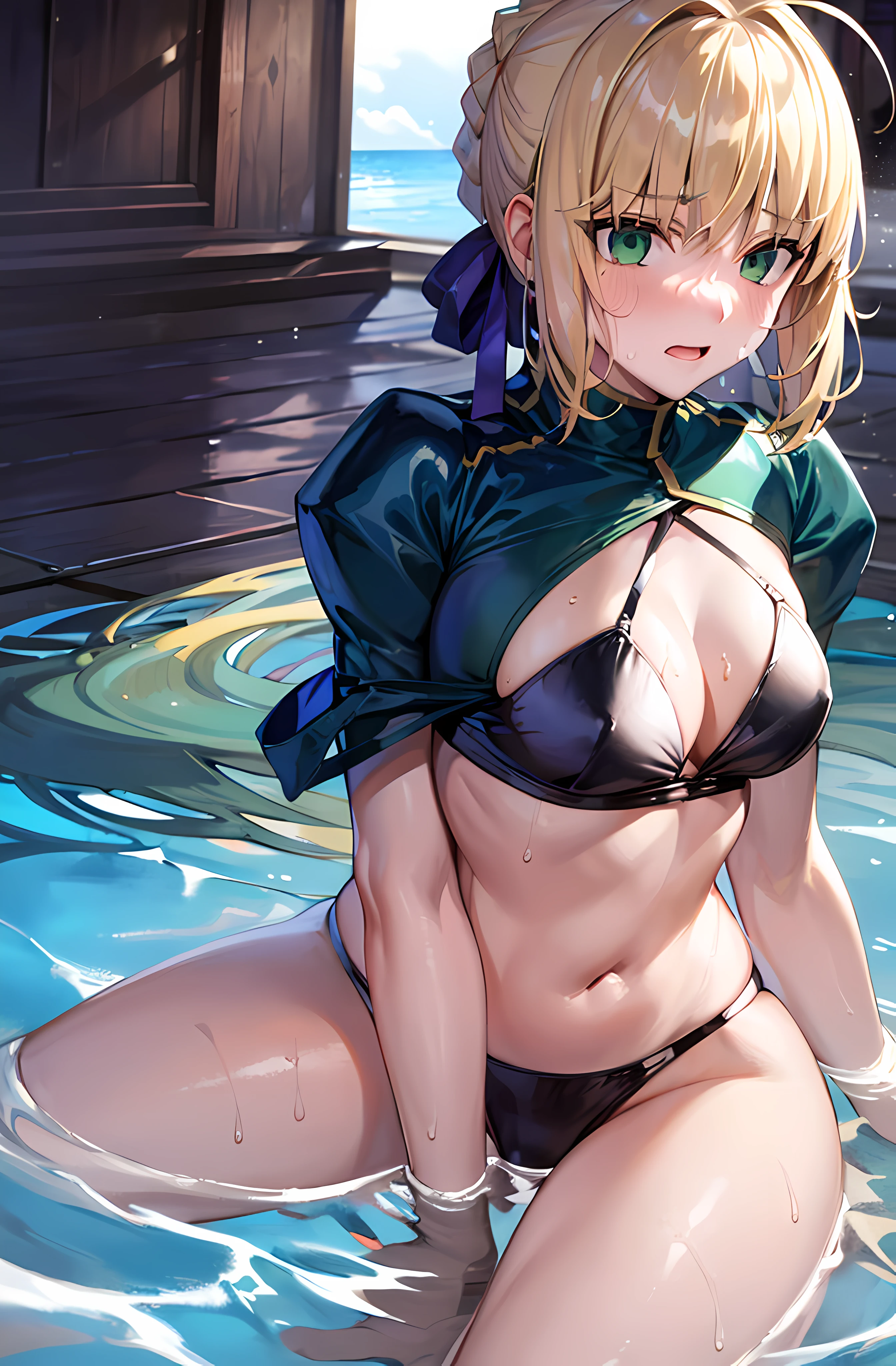 1girl in, Altria Pendragon,Fate,aphrodisiac,Lie down,Saber,full of sweat,Wet area,the ocean,swim wears,tetas grandes,The areol,,sexuell,defenseless,Ashamed,be shy,Kneading milk,Emphasis on milk,ren,Clothes show through with sweat,Breast milk,Self-restraint,Blowjob,Knight King,noble,ring,married woman,