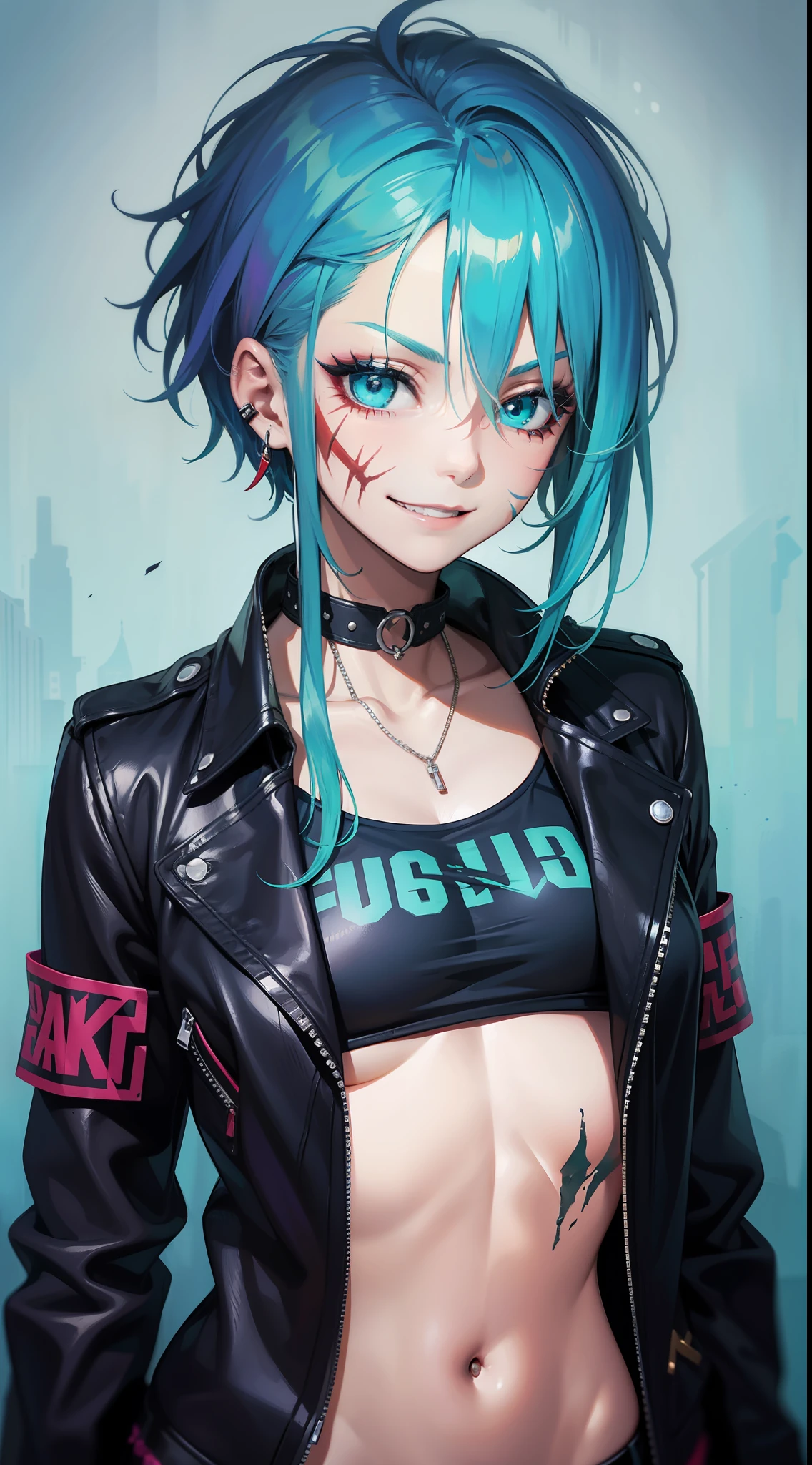 young girl, long turquoise hair, punk haircut, turquoise eyes, Scars, punk make-up, leather jacket, Burns, ripped clothes, madness, smirk, Masterpiece, highly quality
