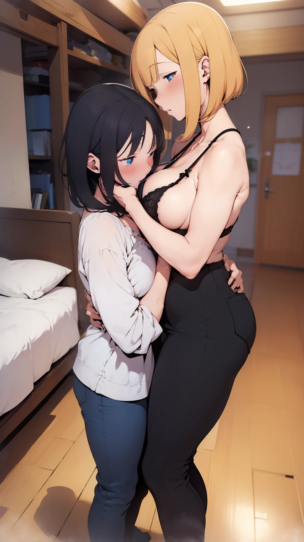 two girl, striped bra,striped panties,boobs,tall of a person,thin,sharp eyes, beautiful face,slender face,standing, flushed cheeks, embarrassed,short bob,wave hair,gold hair,blue eyes,indoor,on the bed,masterpiece, extremely fine and beautiful, illustration, anime, black thick outline, kissing,closed eyes, huging