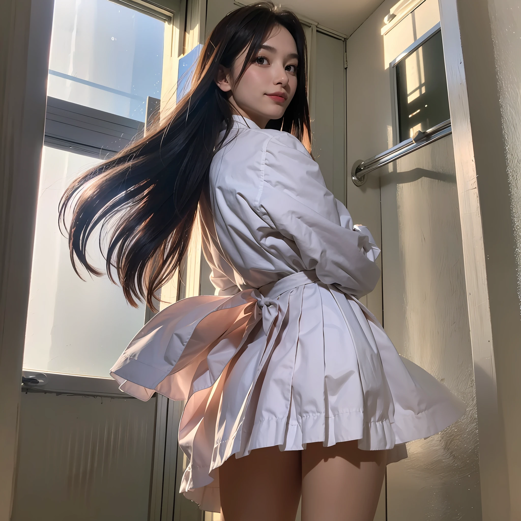 (1girl)),(((8k,RAW,master piece:1.3))),japanese,ultra high res,best quality,full body,back shot,(from behind,from quite below:1.2),hip focus,
BREAK (walking upstairs,school uniform,turned up skirt,???????:1.2,sheer blouse:0.6,middle breast,perfect pretty face:1.2, surprising, embarrassed smile,cheek),
BREAK (natural skin texture,detailed skin, hyperrealism,ultra sharpness),intricate details,high resolution, professional lighting,15 years old,high angled stairs,sporting hip