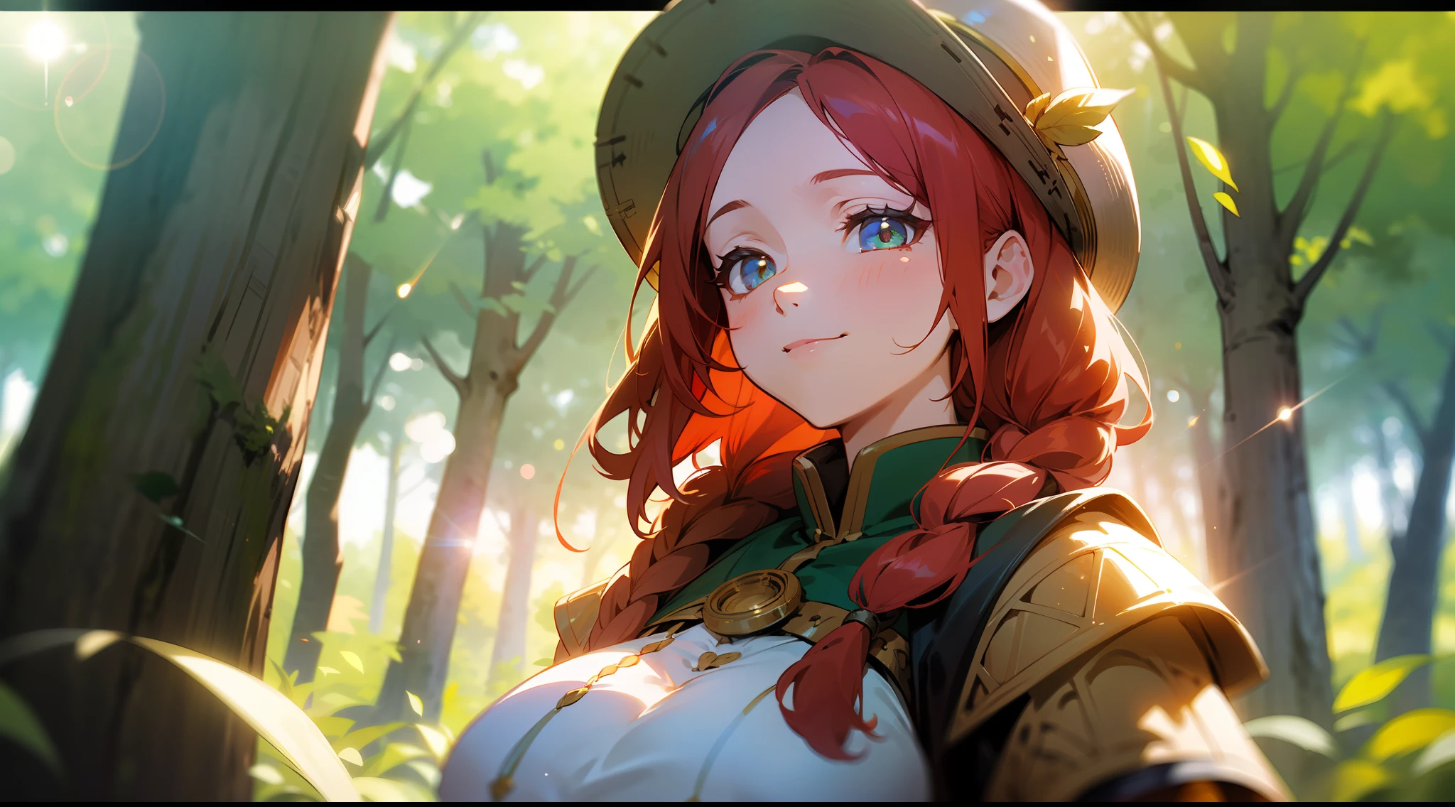 (((1girl))), medieval rpg character, traveller outfit, thicc, big boobs, redhead, braided hair, warm motherly smile, forest in the background, (((masterpiece))), volumetric light, depth of field, bokeh, (((cinematic light))), (((cinematic warm light))), (((lens flare)))