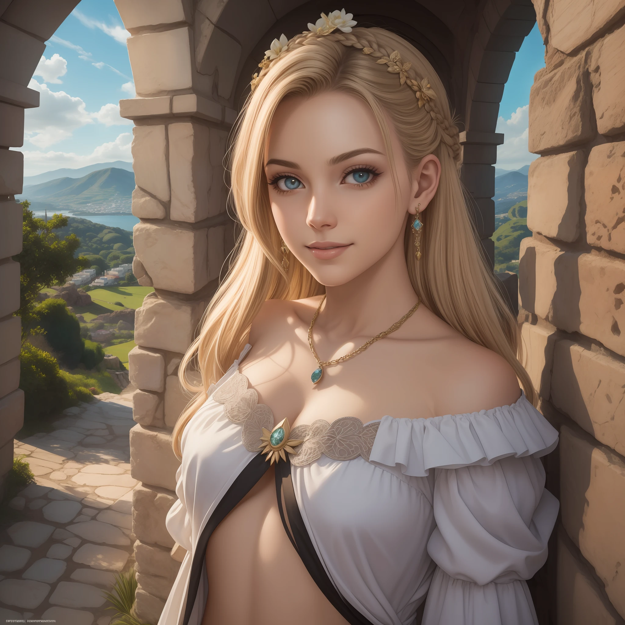 Mulher 25 anos, branca, norueguesa, olhos cinzas, pale skinned, sardas,cabelo loiro cinza, blondie, Dutch braid (around the head) trajes helenicos brancos com detalhes dourados, extremamente delicada, escrevendo em um livro de capa vermelha, sentada na escadaria do Pathernon, olha discretamente para o expectador, sorriso meigo, (Atenas), lush skies, luz natural, Best Photographer, fotorrealista, hdr, raw, obra prima, foto de corpo inteiro, pintura a oleo
