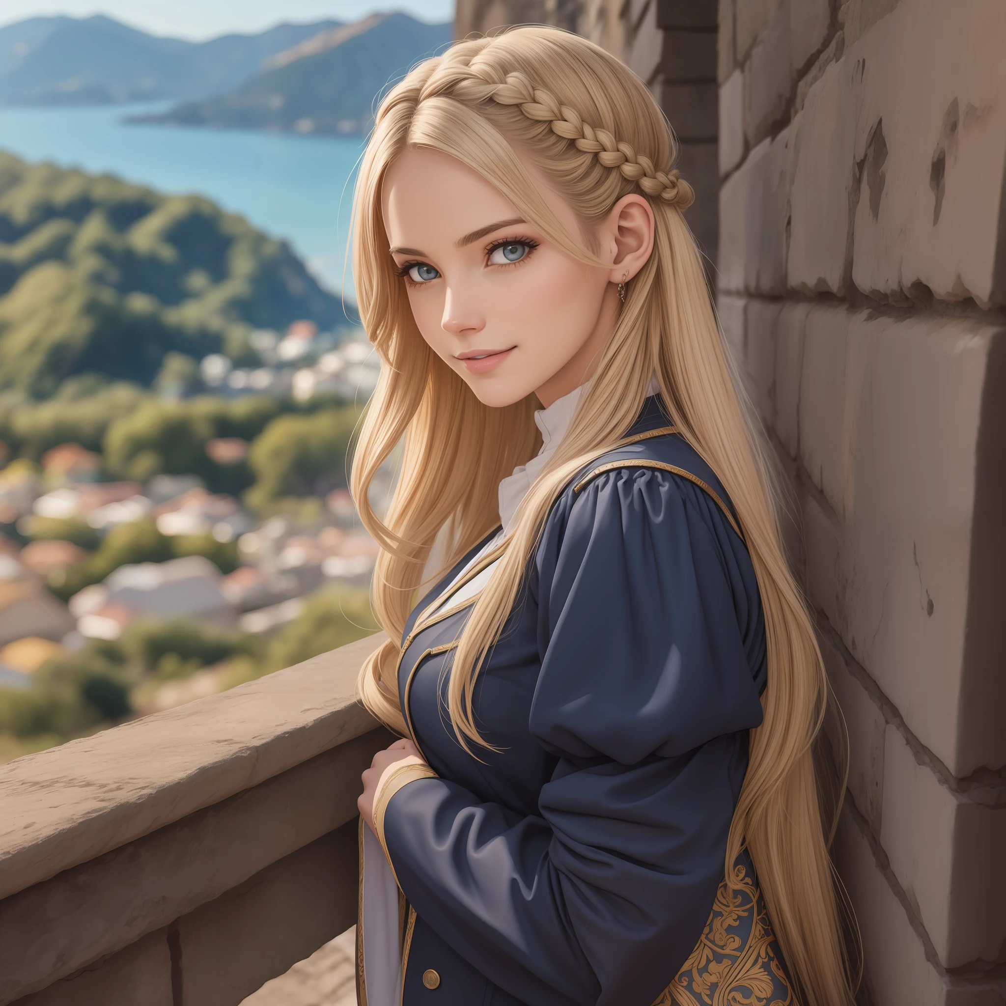 Mulher 25 anos, branca, norueguesa, olhos cinzas, pale skinned, sardas,cabelo loiro cinza, blondie, Dutch braid (around the head) trajes helenicos brancos com detalhes dourados, extremamente delicada, escrevendo em um livro de capa vermelha, sentada na escadaria do Pathernon, olha discretamente para o expectador, sorriso meigo, (Atenas), lush skies, luz natural, Best Photographer, fotorrealista, hdr, raw, obra prima, foto de corpo inteiro, pintura a oleo