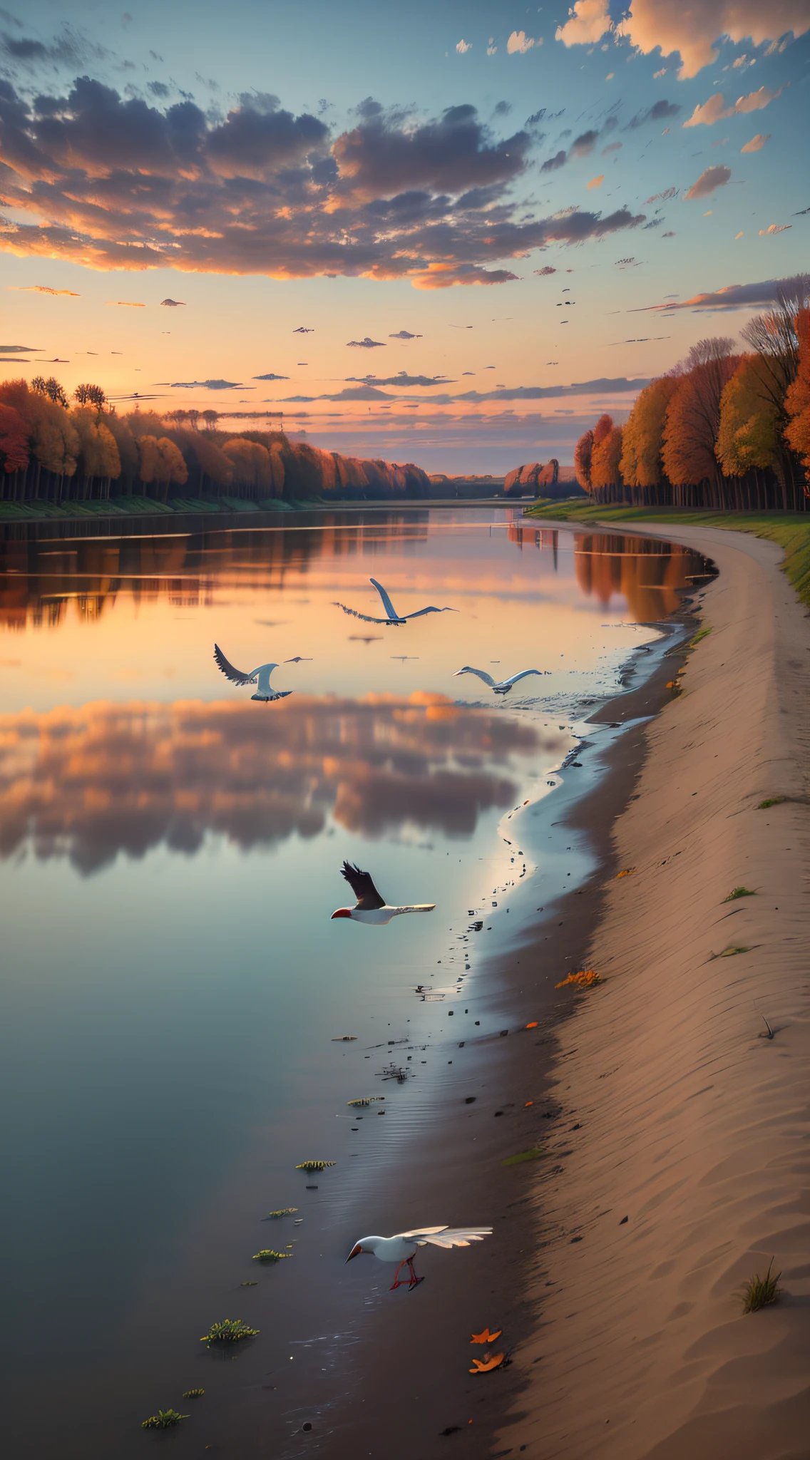 The sunset and the lonely geese fly together, and the autumn water is long and the sky is the same