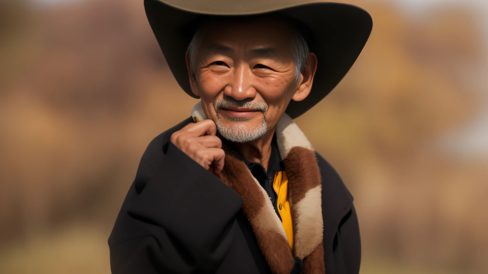 There is a close-up of an Asian man wearing a hat and fur collar, A farmer, 100-year-old, Sweaty face,Light farmland background,dishevled hair,Irregular beard,The face is full of irregular deep wrinkles,bronze skin,Bark-like rough skin,Age spots,asian man, Exaggerated artistic photos,Cinematic,Wise old man, old man portrait, Old man, portrait photo of an old man, ultra detailed portrait, portrait of a old, looking old, portrait of a old, a old man, Detailed portrait, Smiling man, peaceful expression, Portrait shooting, man asian(primitive,the mock turtle,Nikon Z 14mm ultra wide angle lens,award-winning glamour photograph,((Best Quority)),((a masterpiece of)),((realisticlying)),skin pore,Sub-surface scattering,radiant light rays,A high resolution,detailedfacialfeatures,High Details,Sharp focus,smoothy,aestheticly pleasing,extremely detailed nipple,(Very detailed eyes,Very detailed iris),Extremely detailed hair,Extremely detailed skin,Extremely detailed clothes,rendering by octane,realisticlying,realisticlying,Post-processing,max detail, realistic shaded, Roughness, Naturally rough skin texture, reallife, super reality, photorealistc, photography of, 8K UHD, photography of, hdr,OC renderer, intrikate, highly detaile, Sharp focus), (a masterpiece of:1.2, Best quality1:1, hyper-detailing:1.2, Best Shadow, 8K:1.1),highcontrast, (lighting perfect:1.2,Complicated details,Depth of field U HD, 巨作, Textured skin, Super detail, High details, High quality, Award-Awarded, Best quality, A high resolution, HD, 8K,surrealism, High detail, hyperphotorealism, Verism,Chiaroscuro, Depth of field, Cinematic lighting, Ray tracing, Nipple shadow,White hair, Short hair, messy hairtokin hat,Moles under eyes, half-closed eye, vacant eyes, Bloodshot eyes, sanpaku,Facial hair, fingersmile, mouth hold, Closed mouth, Serious, Nervous, lonely, Contemplative, Worried, tired,pov fpov, Close-up