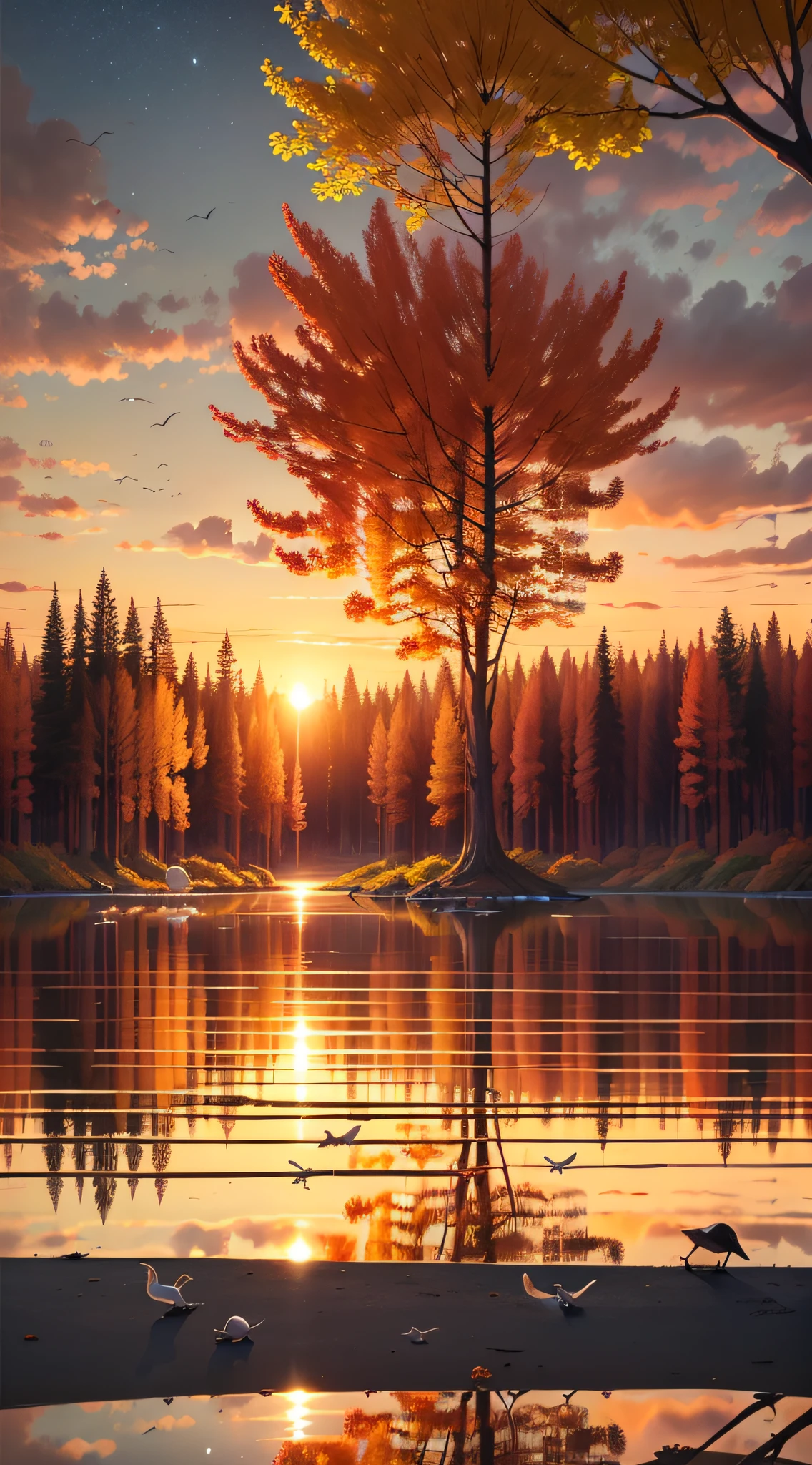 The sunset and the lonely geese fly together, and the autumn water is long and the sky is the same