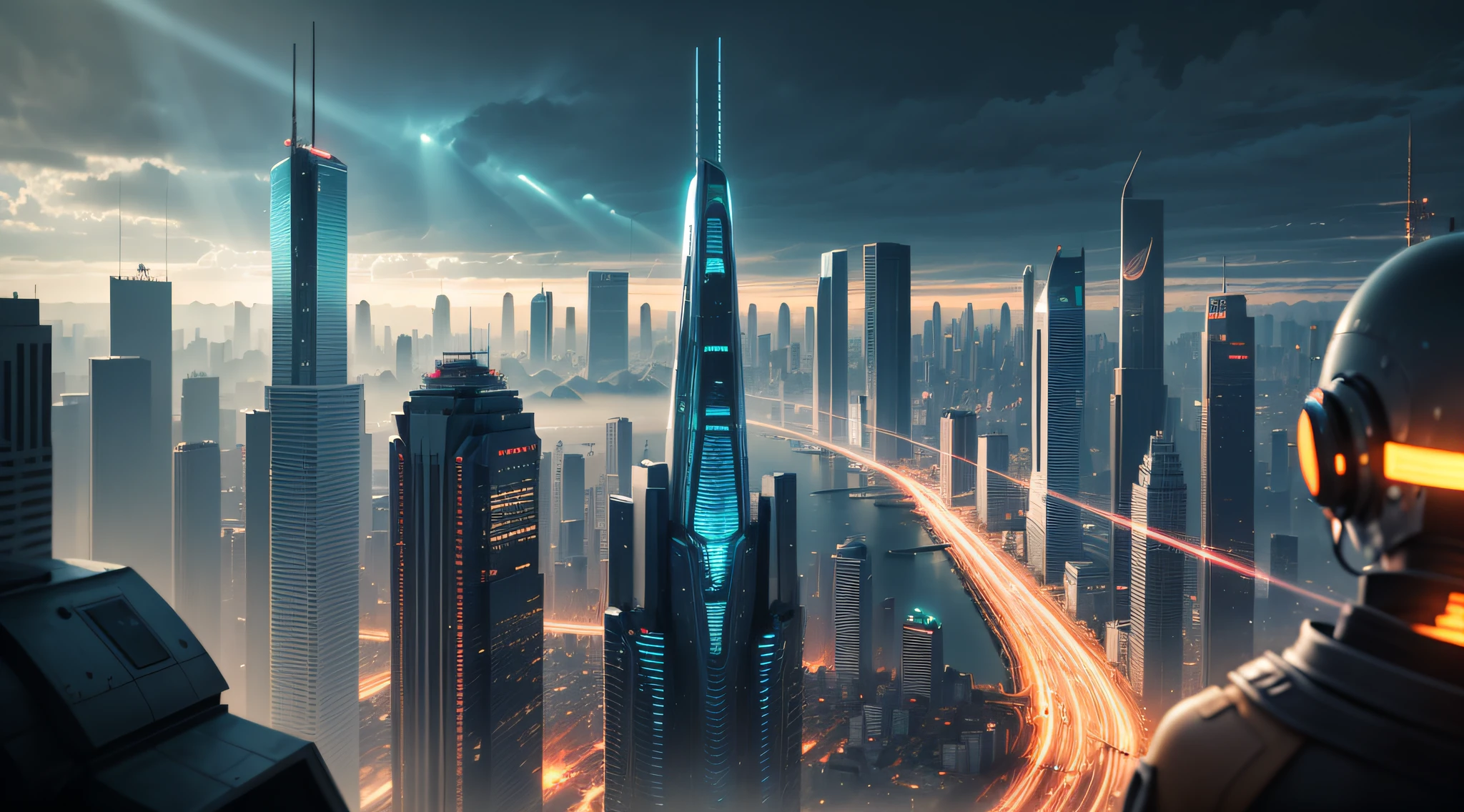 Prompt 1: /imagine prompt: illustration, a futuristic view of the city of Curitiba, Paraná in 2100, with high-level cybercity technology. The scene is inspired by the art style of Juarez Machado. It depicts a dynamic and modern city, with futuristic skyscrapers and flying vehicles. The color palette is vibrant, com tons de azul e verde neon, creating a futuristic and energetic atmosphere. Facial expressions show fascination and enthusiasm in the face of technological wonders. The lighting is intense, with rays of light shining between the buildings. The atmosphere is full of innovation and progress. --V 5 --Estilizar 1000