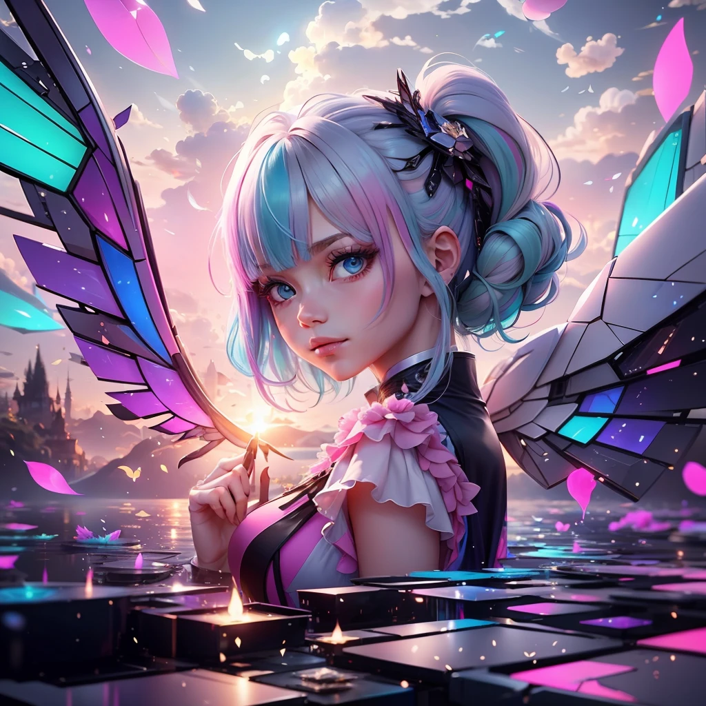 Masterpiece, {beauty},solo,1 girl, pink dress, fantastic hair, neon background white wings, cloud background, lake blue hair