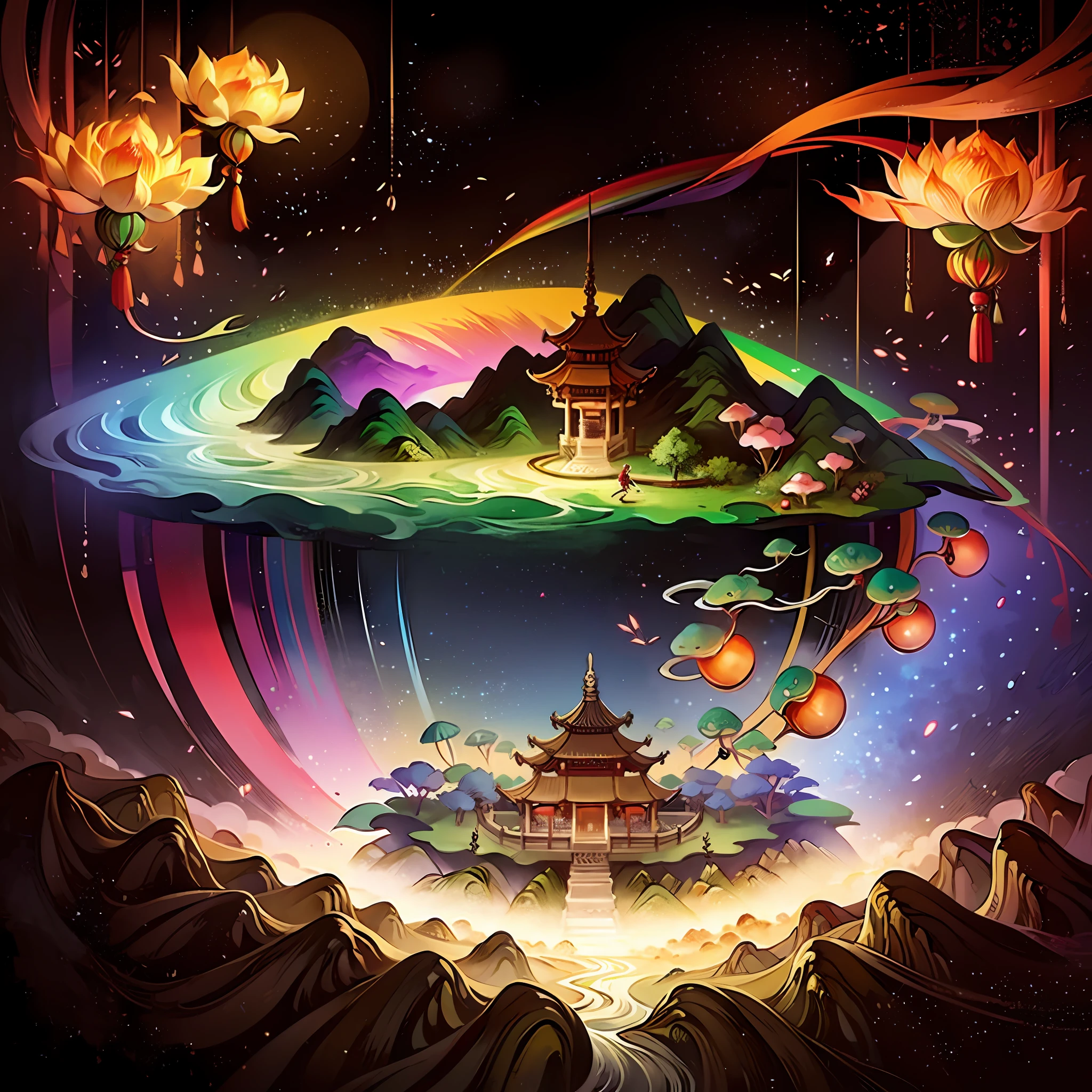 An ancient Chinese painting, ancient Chinese background, mountains, rivers, auspicious clouds, pavilions, sunshine,(psychedelic details),(mushrooms),lotus,(rainbow),(trippy),(DMT),intricate details, more details, high details,masterpieces, super detail, epic composition, ultra HD, high quality, extremely detailed, official art, unified 8k wallpaper,(show full objects ),Super detail, 32k -- v 1.7