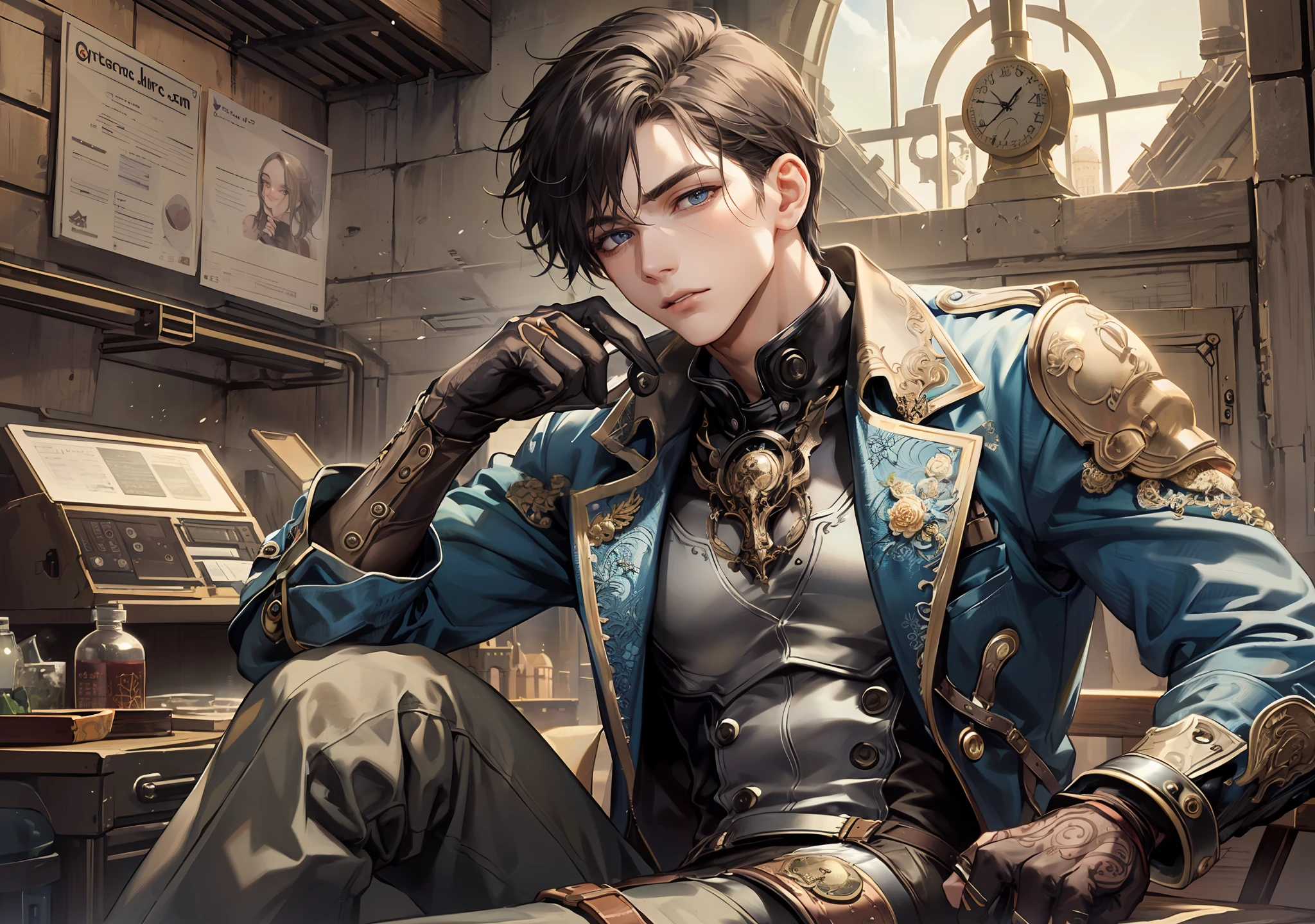man, abs, male, male face, attractive, muscular, ((1man)), sitting, cool pose,(( steampunk clothes)), masterpiece, absurd, best quality, intricate details, (shiny skin, shiny body, bright and oily skin, shiny hair, pale skin tone), old castle, sunset, attractive, adult, one, don't look at the sight, short black hair, perfect detailed face, perfect detailed hands, blue eyes, ((MLS)), medium large outbreak