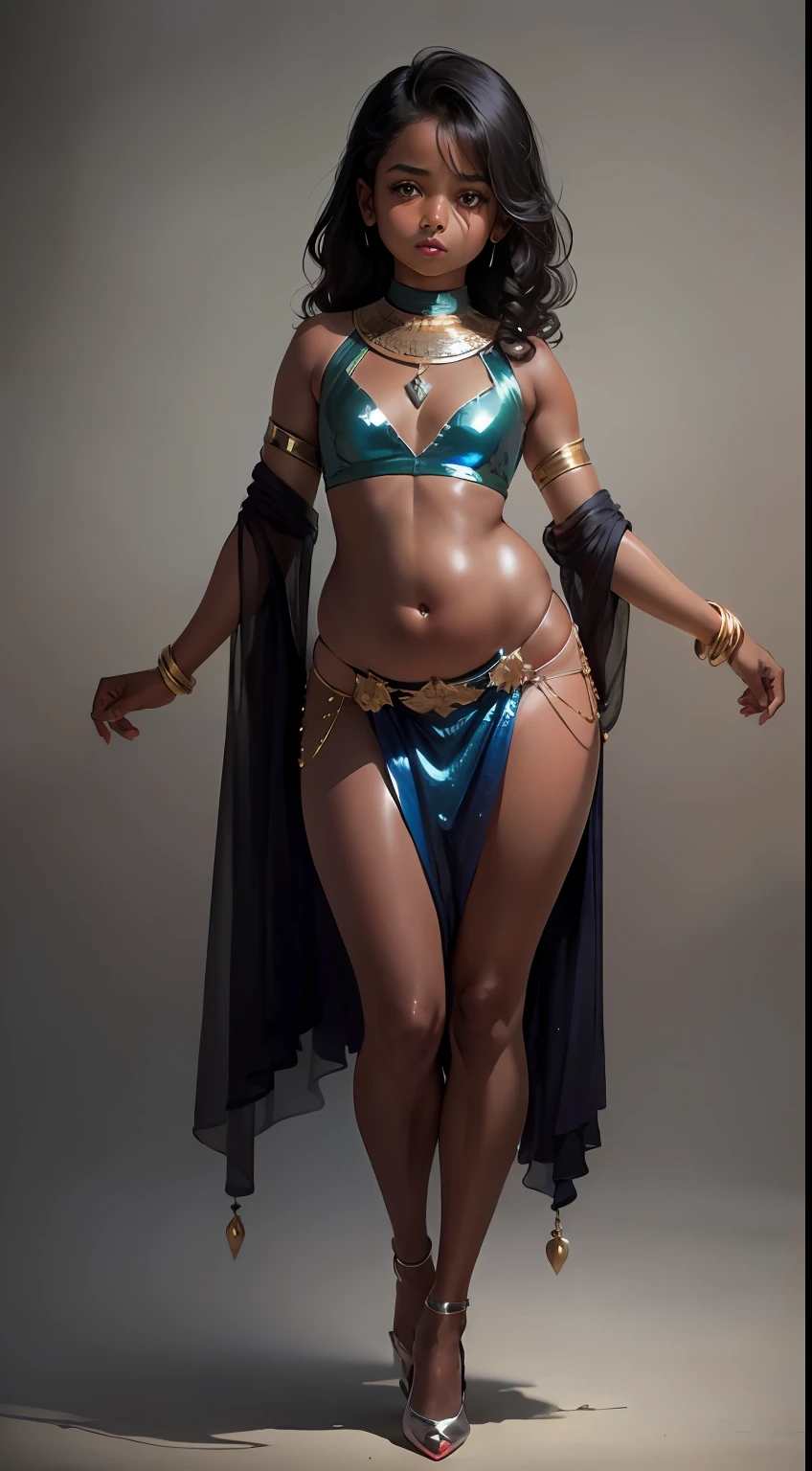 (), (arabian girl) perfect face, (chubby:1.4) child in saree perfect full HDR body exposed midriff highleg loli flat chcurvy indian armpits bellydancer 8k high res knees ankles , royal skimpy underwear, cleavage (shiny skin:1.5) depth of field (full body shot) (high heels) (dark skin:1.7)