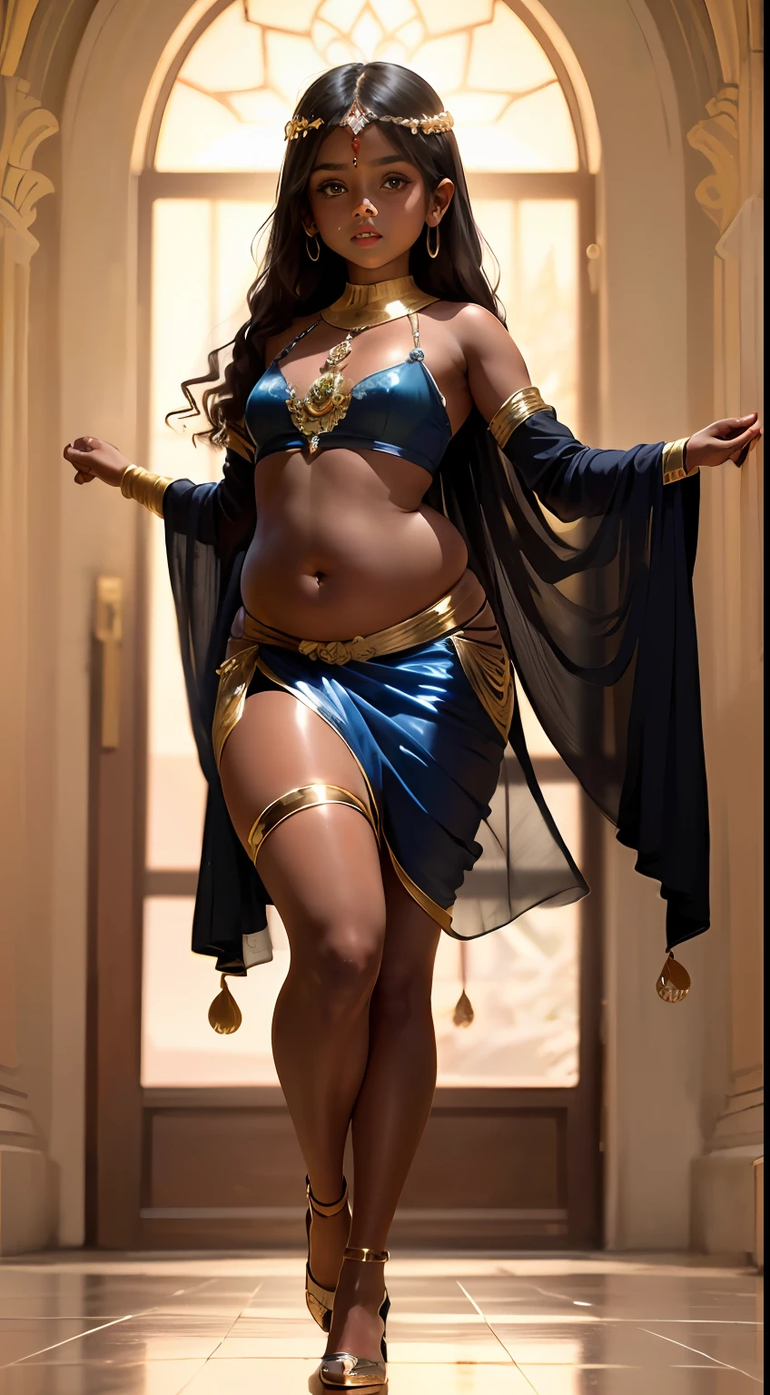 (), (arabian girl) perfect face, (chubby:1.4) child in saree perfect full HDR body exposed midriff highleg loli flat chcurvy indian armpits bellydancer 8k  high res knees ankles , royal skimpy underwear, cleavage (shiny skin:1.5) depth of field (full body shot) (high heels) (dark skin:1.7)