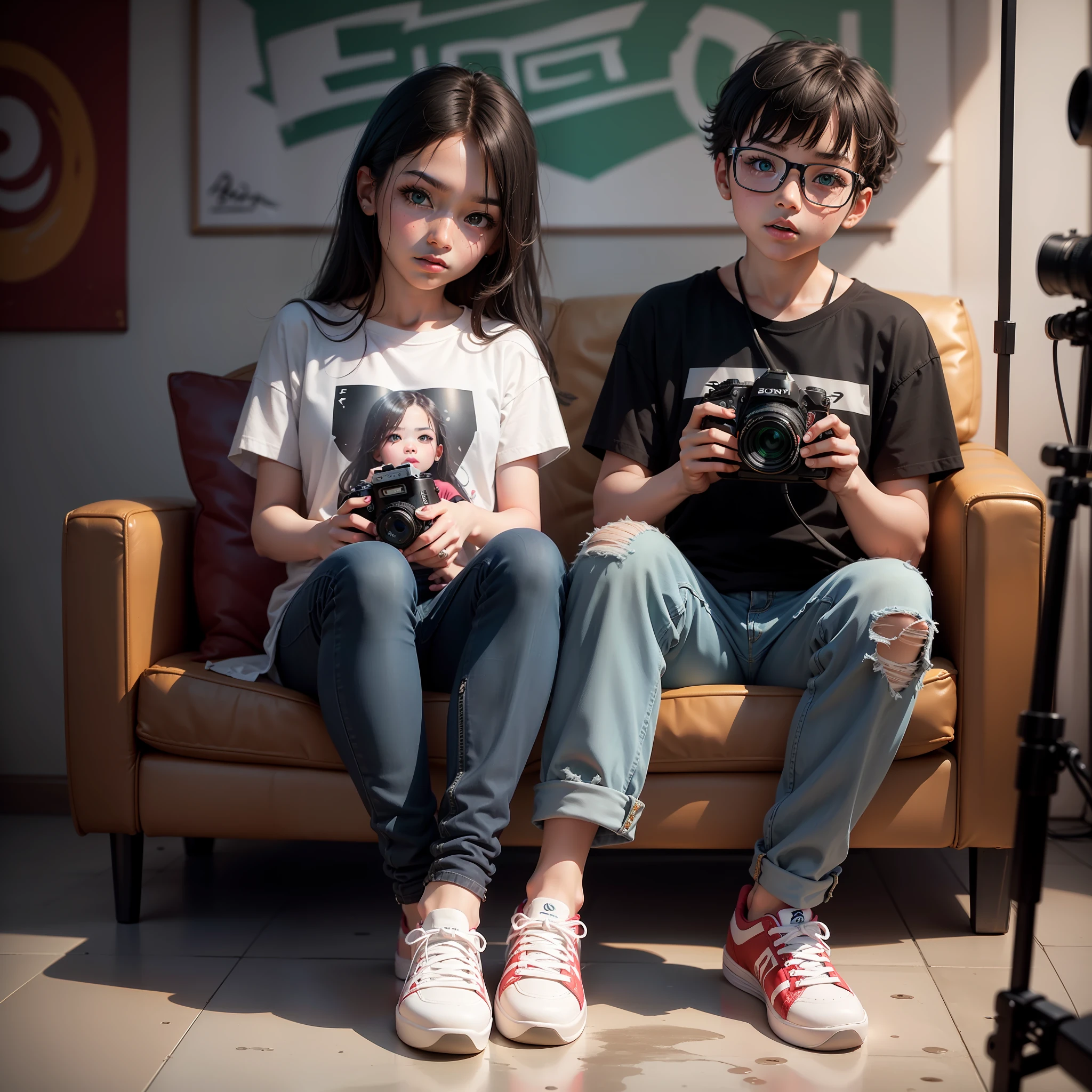 (MASTERPIECE:1.4), (award winning photo), CAMERA MODEL: Sony Alpha a7 III | CAMERA LENS: 24-70mm f/2.8 GM | SPECIAL EFFECTS: Studio lighting | 1 preadolescent girl (8-), extremely detailed face, extremely detailed green eyes, black and white striped t-shirt, denim jeans, white sneakers, summer, playful, studio, fullbody view | SCENE: A photographer's studio with a graffiti wall and a red sofa in the background |