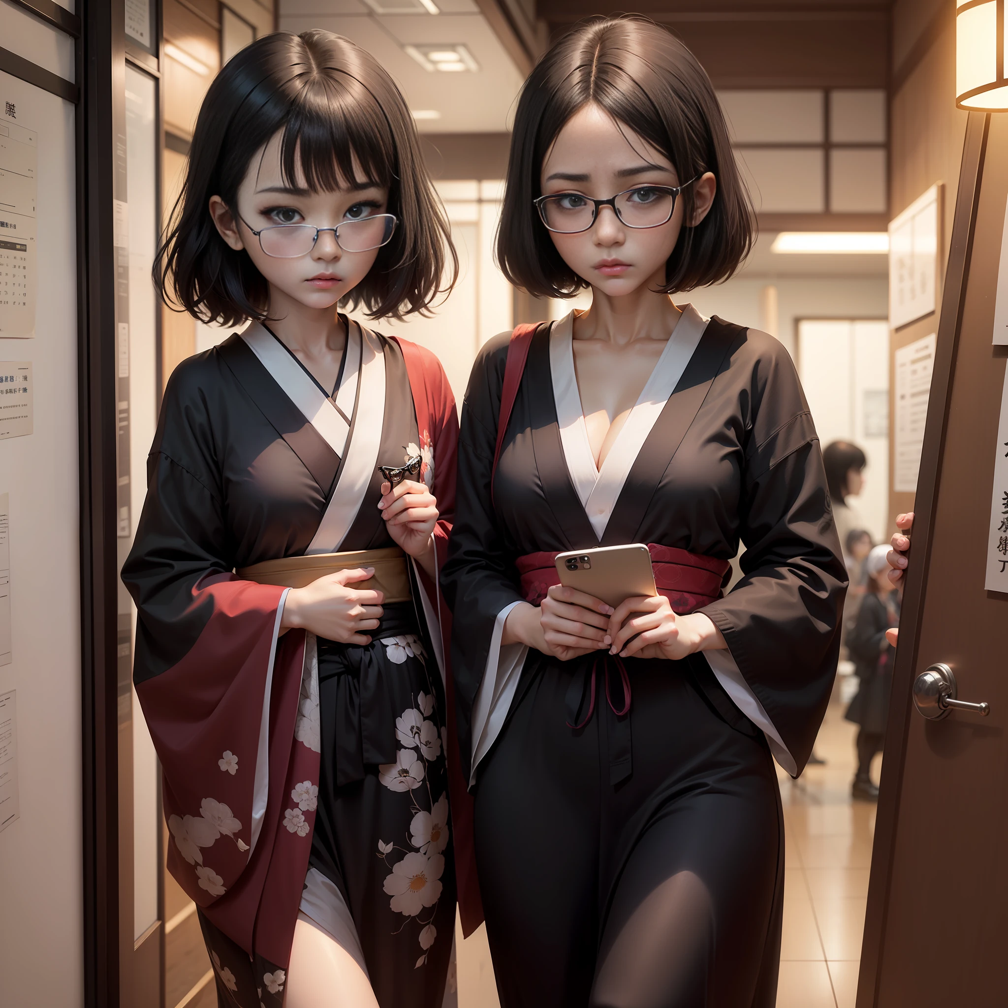 (female pervert)、(Grammus)、(eye glass)、(Black-haired)、(A Japanese style)、(early evening)、(embarrassed from)、(Troubled face)