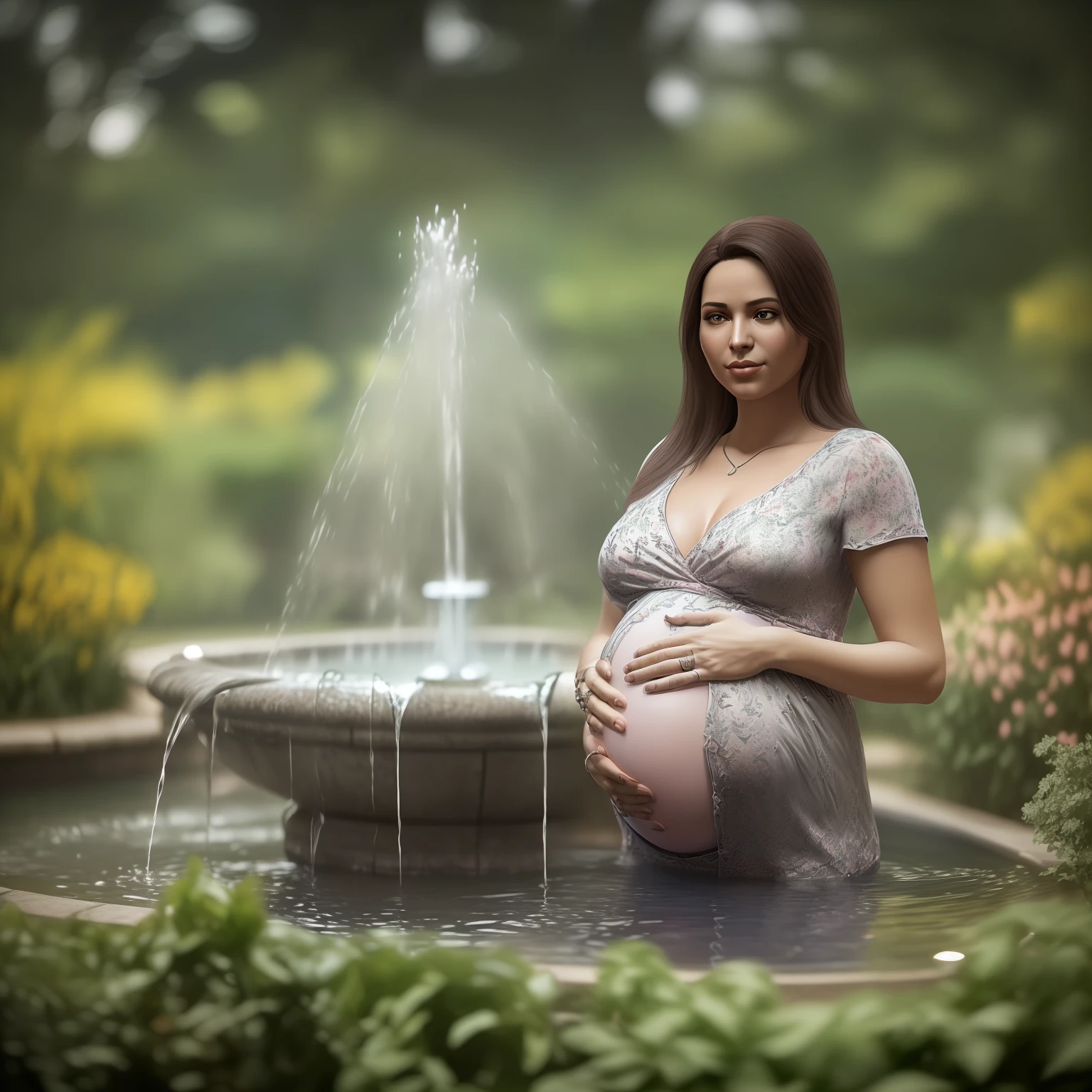 (((Realism of pregnant woman in a garden with a fountain, em um parque da cidade, bonita e sorridente, belos arredores) melhor qualidade, ultra alto nada, (fotografiarrealista: 1.4),, alta resolução, detalhado, fotografia bruta, sharp re, by Lee Jeffries Nikon D850 film photography bank 4 Kodak Portra 400 camera f1.6 lens rich colors hyper realistic texture dramatic lighting unreal engine trend in ArtStation CineStill 800,, fotografiarrealista, fotografia, obra-prima, realista, Realismo, renderizado, Alto contraste, digital art photographyrealistic trend in Artstation 8k HD high definition detailed realistic, detalhado, textura da pele, hiper detalhado, Textura realista da pele --auto