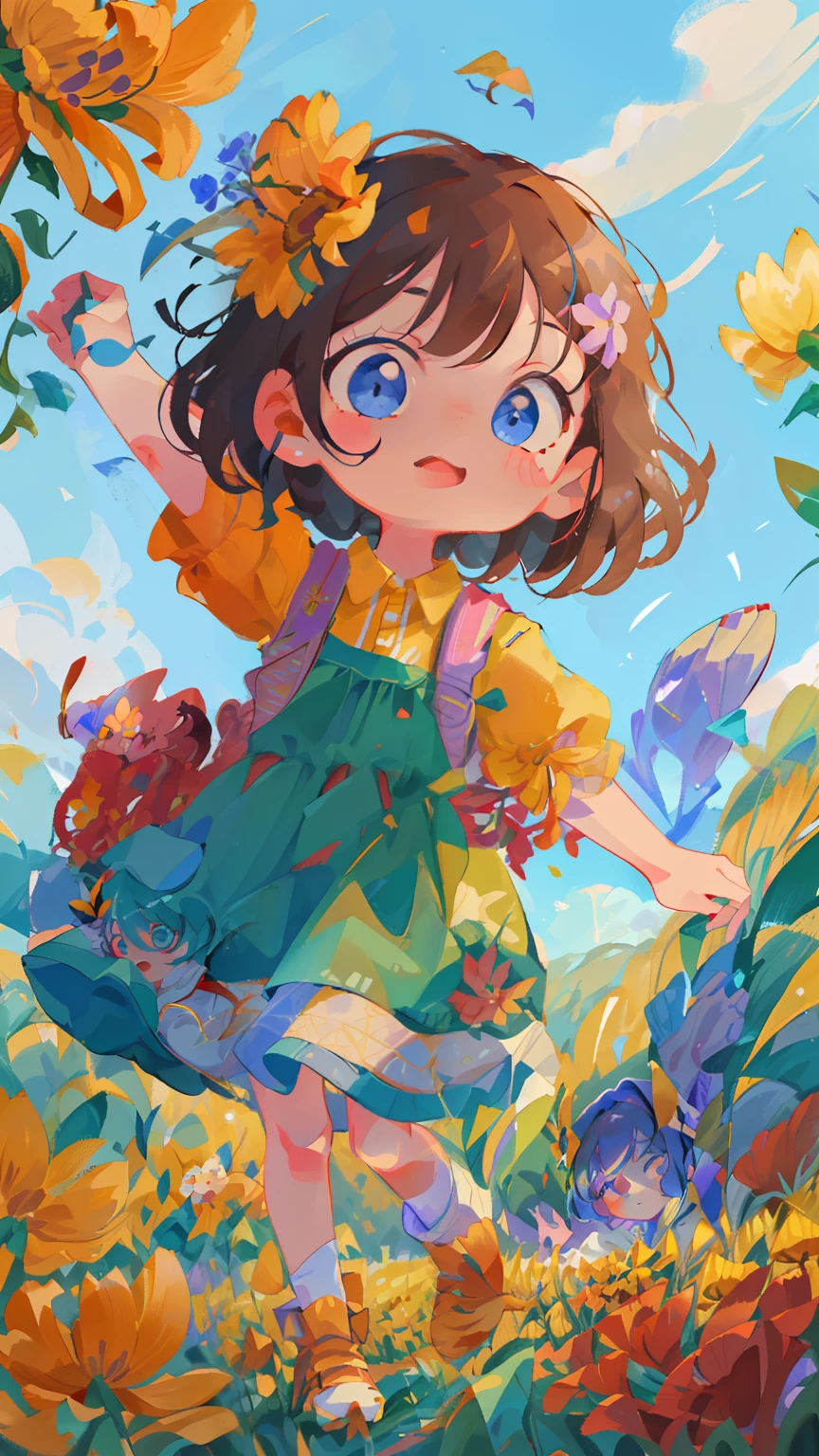cartoon girl in a field of flowers with a backpack, childrens art in artstation, cute detailed digital art, cute art style, cute detailed artwork, adorable digital painting, girl in flowers, cute digital art, girl dancing in a flower field, full body portrait of a short!, girl in a flower field, a beautiful artwork illustration, girl jumping in a flower field
