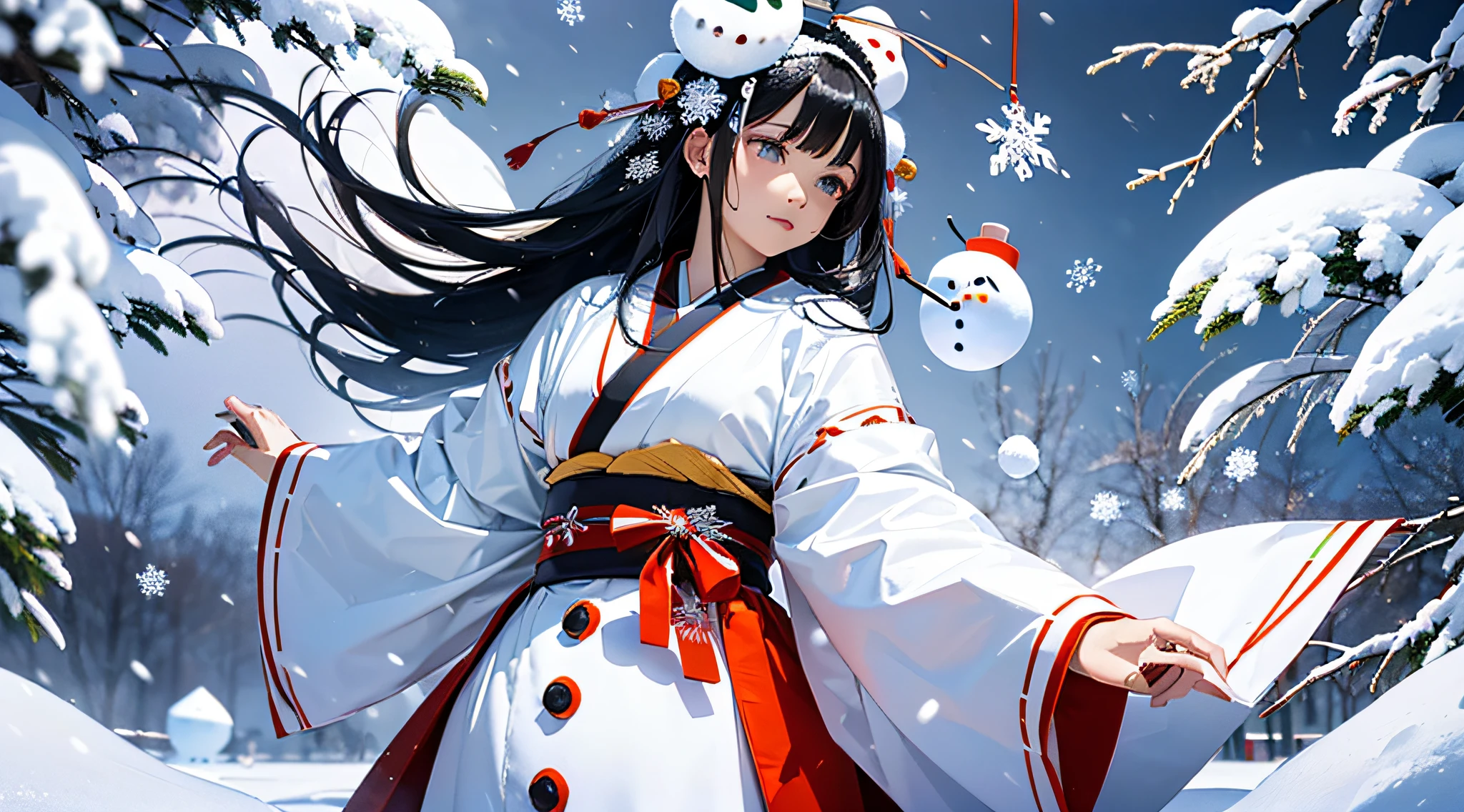 Masterpiece, Realistic, Top Quality, Full Body, Black Ultra Long Hair, (((Beautiful Snow Woman)))), (Beautiful Snow Woman in Old Tales)))), (Japan white kimono and white obi with long red sleeves fluttering only the obi hanging, face pointing downward and narrowed eyes looking up at the viewer)), (((Black hair with snowflake hair ornament and snowman hair fastening)), 20 years old, (Plains in a blizzard)))), ( No headgear))), photorealistic, blur the background