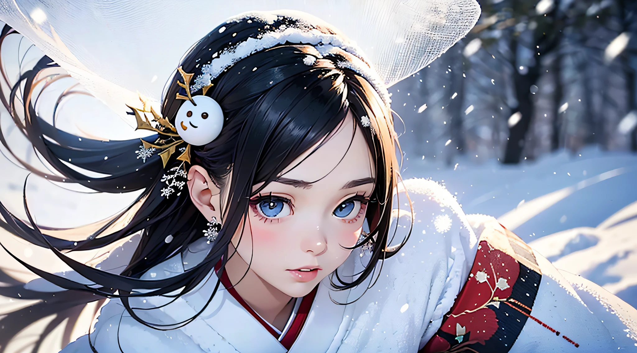 Masterpiece, Realistic, Top Quality, Full Body, Black Ultra Long Hair, (((Beautiful Snow Woman)))), (Beautiful Snow Woman in Old Tales)))), (Japan white kimono and white obi with long red sleeves fluttering only the obi hanging, face pointing downward and narrowed eyes looking up at the viewer)), (((Black hair with snowflake hair ornament and snowman hair fastening)), 20 years old, (Plains in a blizzard)))), ( No headgear))), photorealistic, blur the background