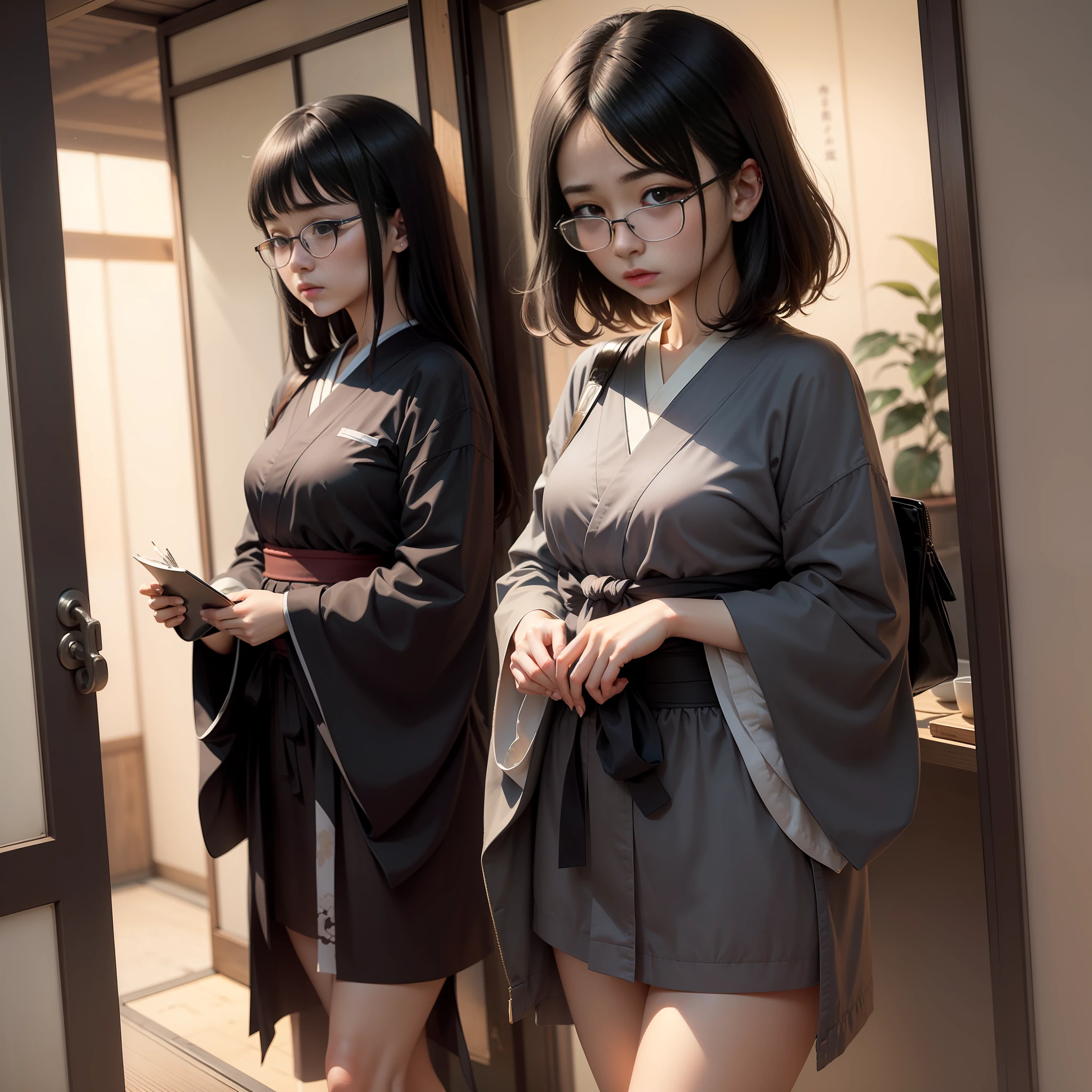 (female pervert)、(Grammus)、(eye glass)、(Black-haired)、(A Japanese style)、(early evening)、(embarrassed from)、(Troubled face)