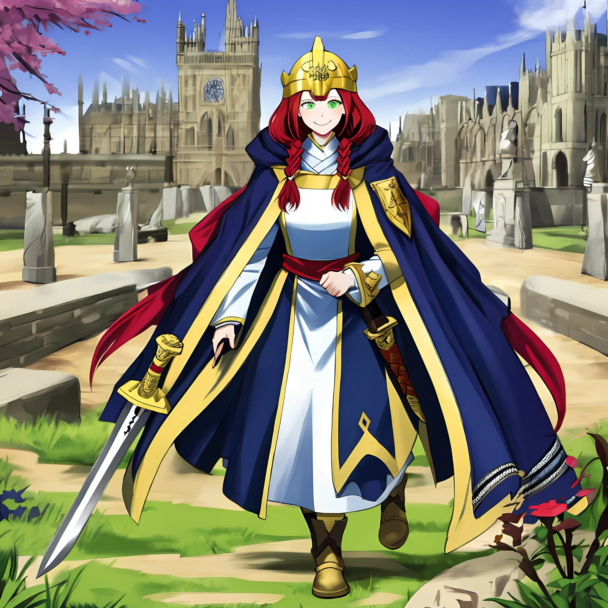 tsubaki yayoioi , blazblue, red hair, green eyes, long hair, tall female, warrior, sword, medieval, twin braids, priestess, holy, holy helmet, medium breasts, yellow cape, stylised helmet, light smile, full body, gold,european cloths, medieval , england, full body, christian, walking, solo focus, holding weapon