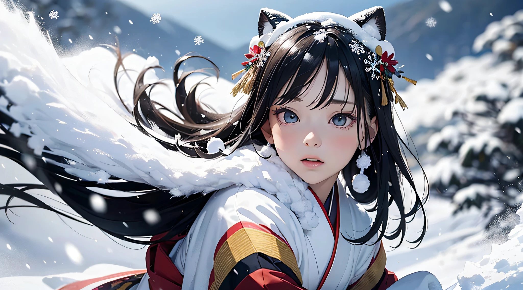 Masterpiece, Realistic, Top Quality, Full Body, Black Ultra Long Hair, (((Beautiful Snow Woman)))), (Beautiful Snow Woman in Old Tales)))), (Japan white kimono and white obi with long red sleeves fluttering only the obi hanging, face pointing downward and narrowed eyes looking up at the viewer)), (((Black hair with snowflake hair ornament and snowman hair fastening)), 20 years old, (Plains in a blizzard)))), ( No headgear))), photorealistic, blur the background