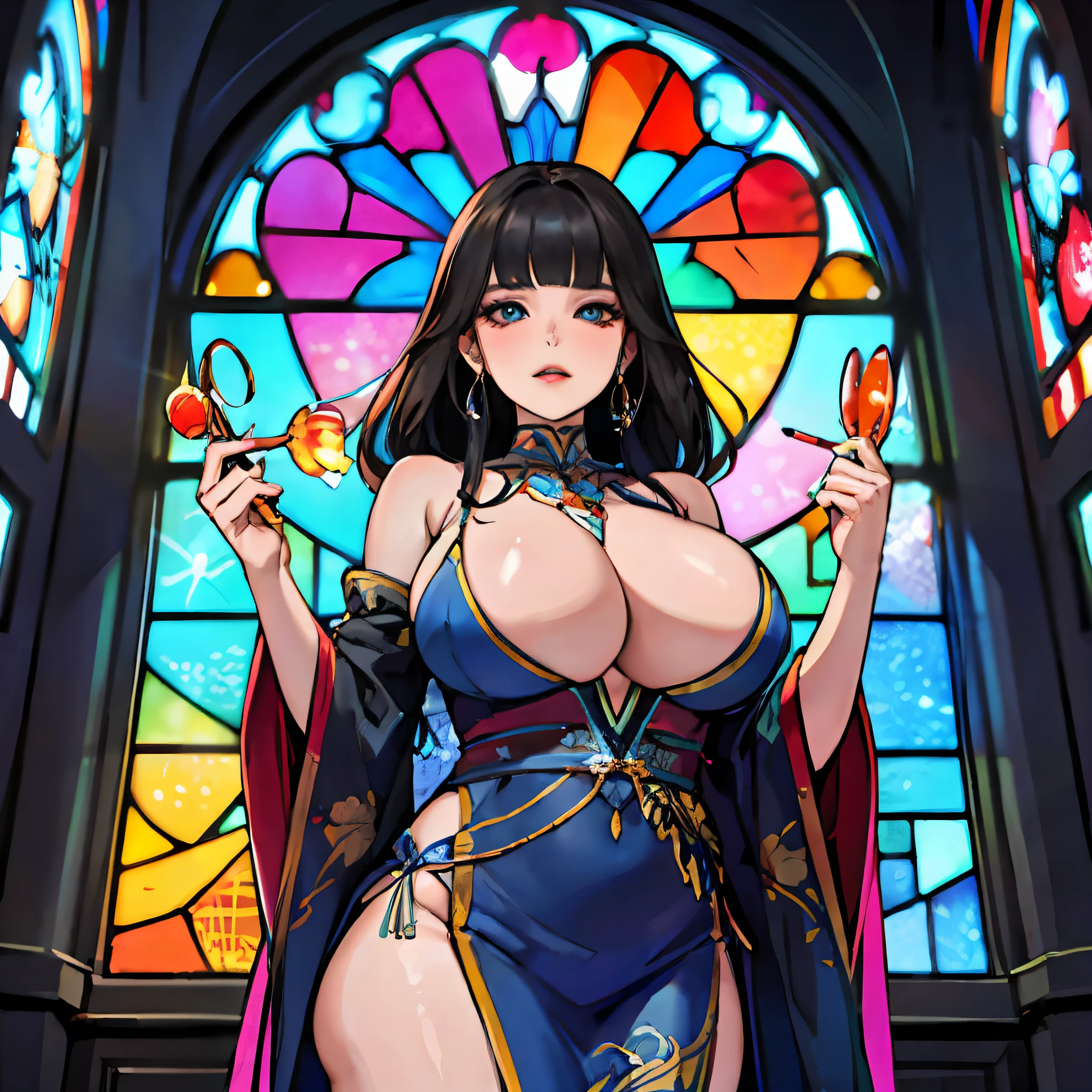 (masterpiece, top quality, best quality,official art, beautiful and aesthetic:1.2),(1girl:1.3), 1 BREAK stained glass art, colored glass, lead lines, light transmission BREAK vibrant colors, intricate designs, luminous effects, spiritual ambiance, big  