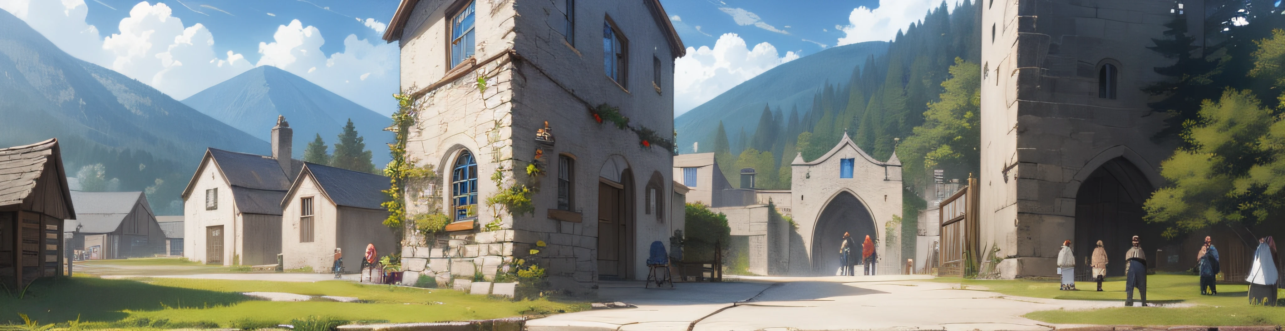 masterpiece, best quality, illustration, ultra-detailed 8k wallpaper, official art,
BREAK
a painting of a medieval fantasy rpg village with people, warm, isekai,