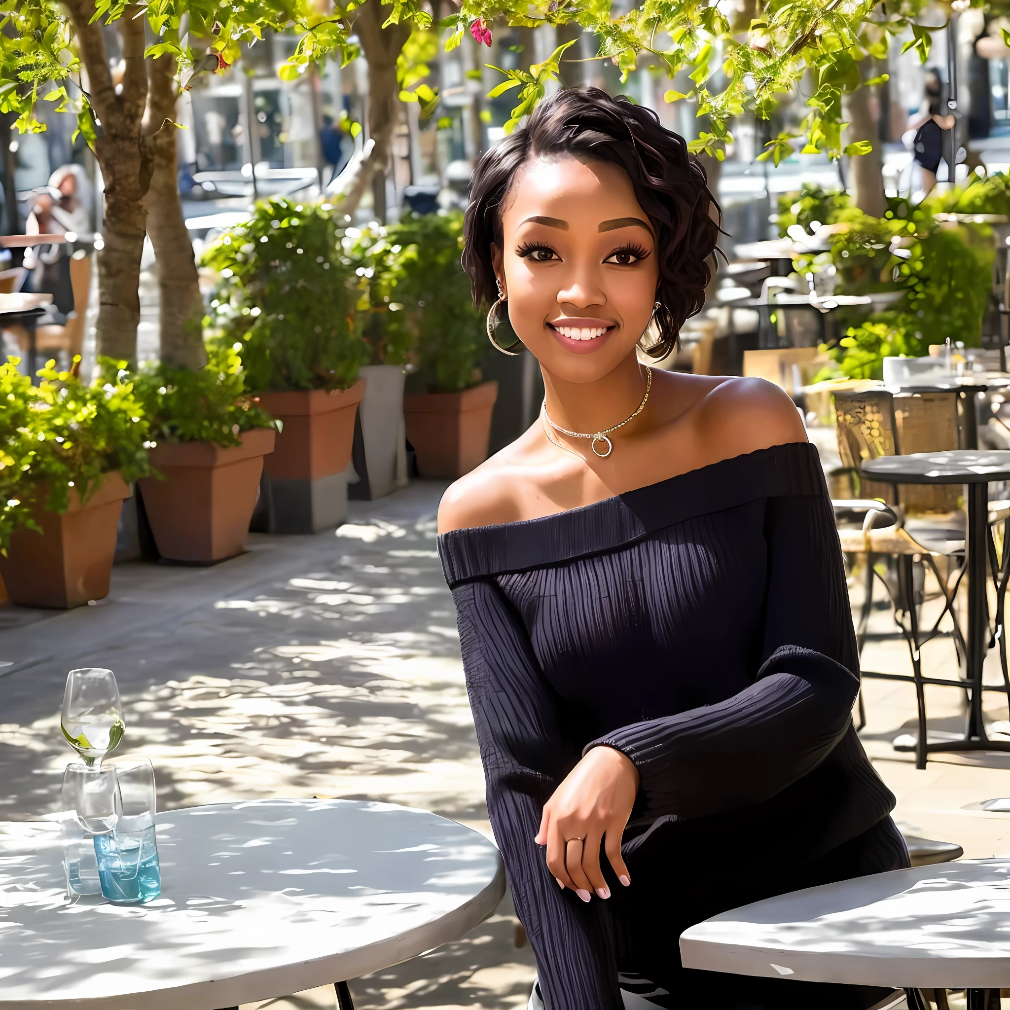 pleasing eyes, (relaxing mouth:1.2), (smiling mouth:0.1), looking straight, a 25 year old (black:1.2) woman, short salon hair, wearing an off-shoulder sweater, closeup portrait, in a outdoor cafe in 2015, afternoon light, miss usa