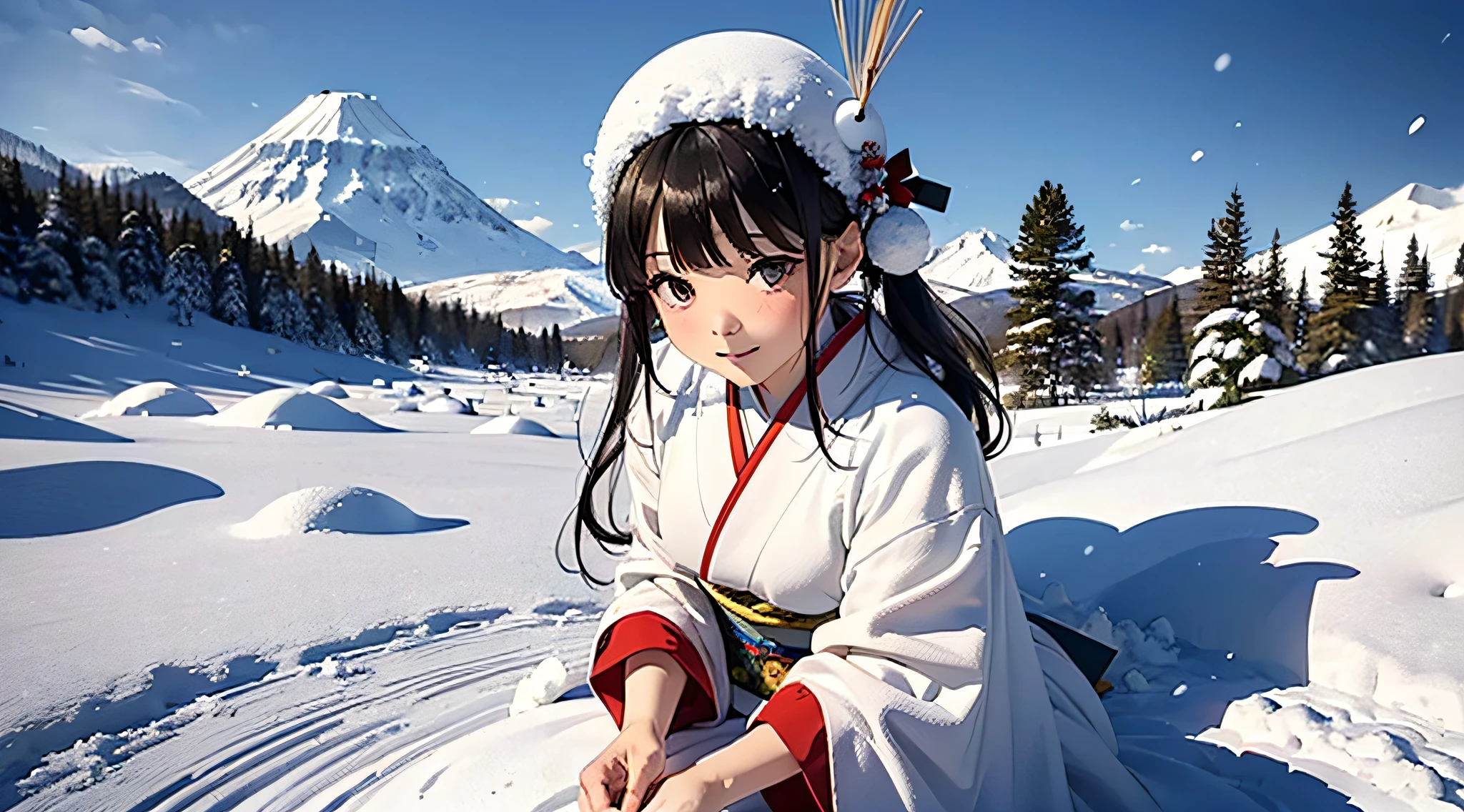 Masterpiece, Realistic, Top Quality, Full Body, Black Ultra Long Hair, (((Beautiful Snow Woman)))), (Beautiful Snow Woman in Old Tales)))), (Japan white kimono and white obi with long red sleeves fluttering only the obi hanging, face pointing downward and narrowed eyes looking up at the viewer)), (((Black hair with snowflake hair ornament and snowman hair fastening)), 20 years old, (Plains in a blizzard)))), ( No headgear))), photorealistic, blur the background