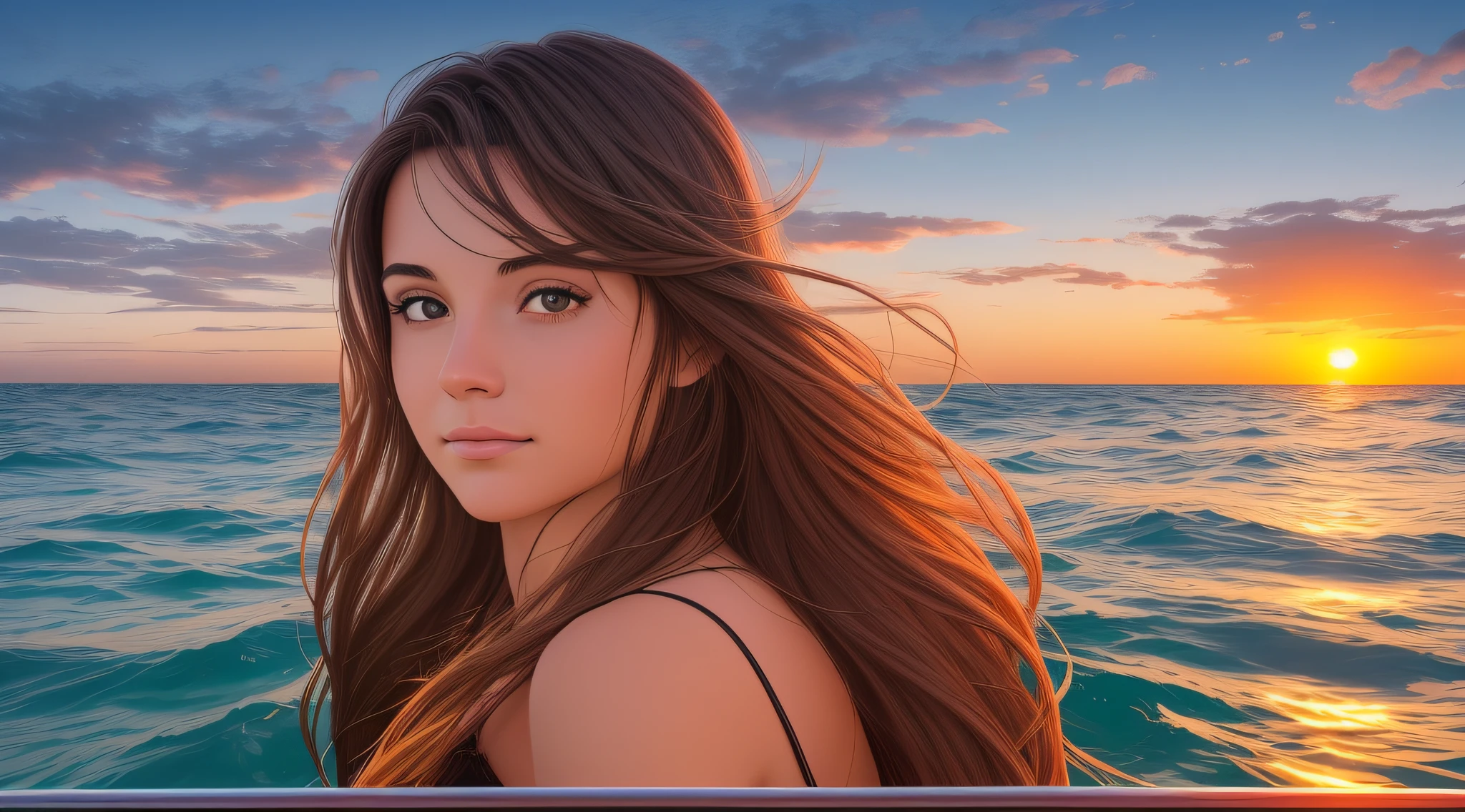 "Imagine uma imagem digital que apresente uma pessoa em um barco navegando em um oceano vasto e calmo, with the sunset in the background, representing the freedom found in nature and exploratory adventures."