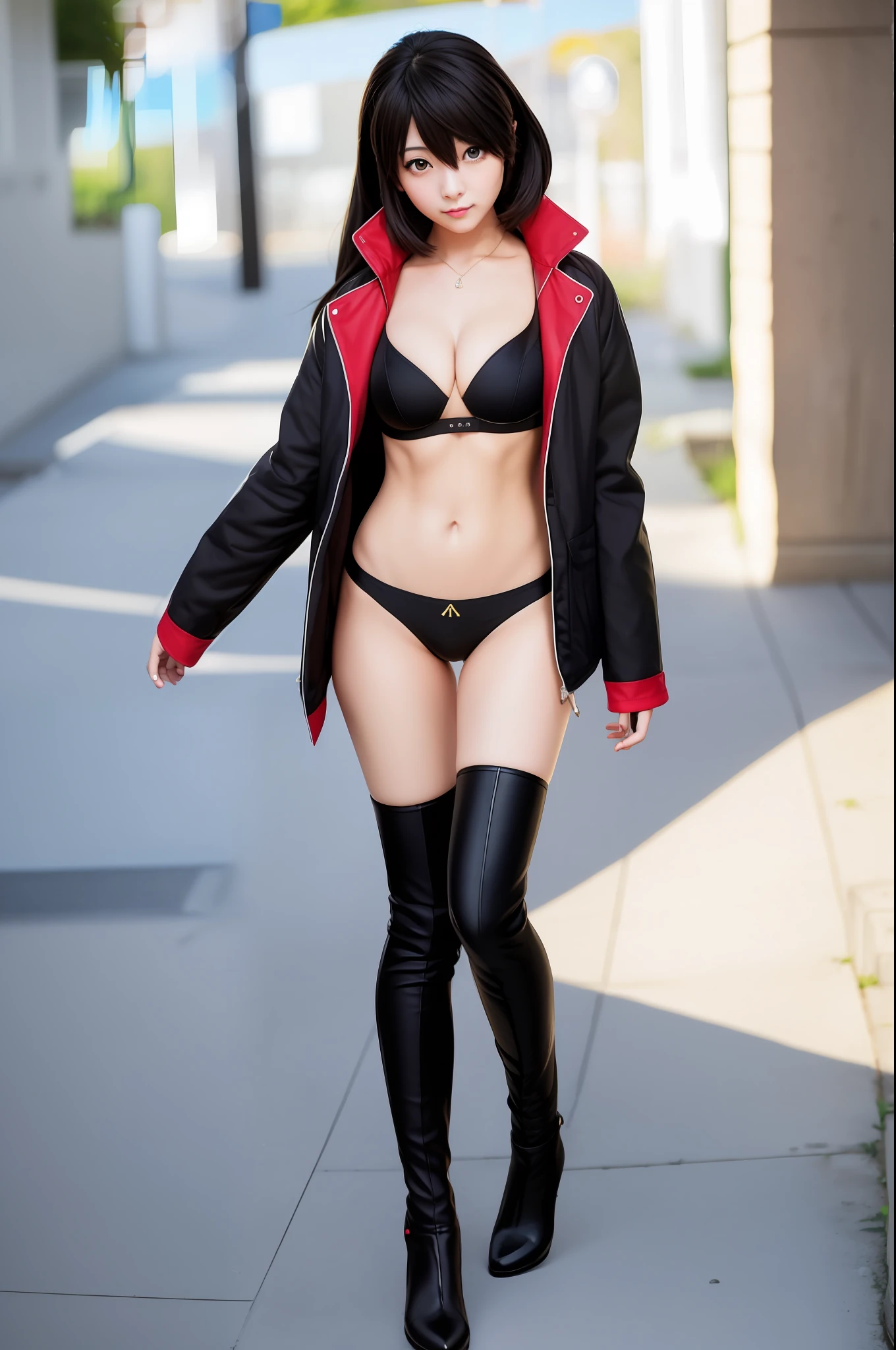 anime girl in black lingerie with red jacket and thigh high boots, seductive anime girls, tohsaka-rin, black-haired mage, beautiful and seductive anime woman, attractive anime girls, beautiful alluring anime , attractive matoi ryuko, anime best girl, akane owari danganronpa, female anime character, oppai, anime woman, beautiful anime woman
