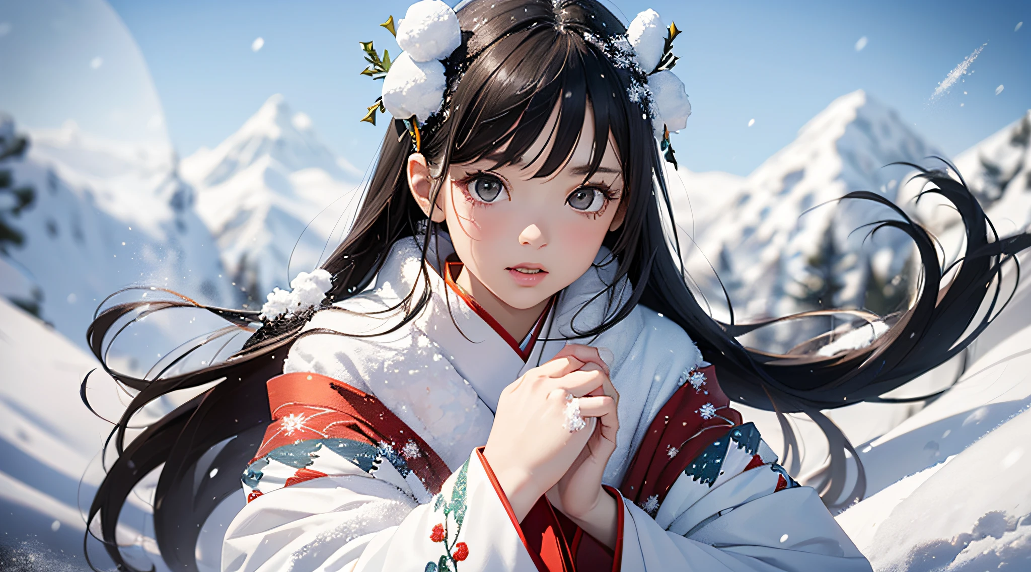 Masterpiece, Realistic, Top Quality, Full Body, Black Ultra Long Hair, (((Beautiful Snow Woman)))), (Beautiful Snow Woman in Old Tales)))), (Japan white kimono and white obi with long red sleeves fluttering only the obi hanging, face pointing downward and narrowed eyes looking up at the viewer)), (((Black hair with snowflake hair ornament and snowman hair fastening)), 20 years old, (Plains in a blizzard)))), ( No headgear))), photorealistic, blur the background