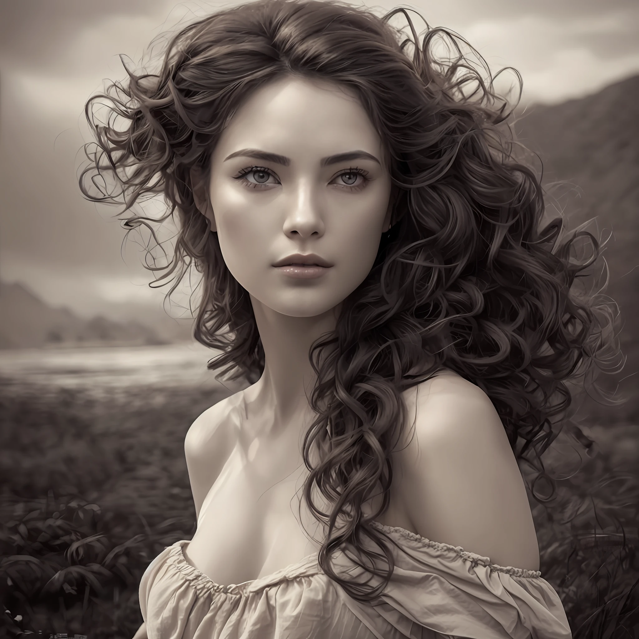 Produza uma fotografia hiper-realista retratando uma mulher deslumbrante em estilo ocidental, com um surreal, toque detalhado e sensual.
The image should show the delicate straps of the dress sliding smoothly over the shoulder, com os cachos do cabelo caindo nas pontas. Objetivo de criar uma obra-prima de alta qualidade, with attention to shadow detail in an incredibly balanced way.
A fotografia deve ser um close-up extremo, monocromatic, Representando uma mulher ao ar livre no sol. Use uma lente Canon EF 70mm para obter o efeito desejado. --auto