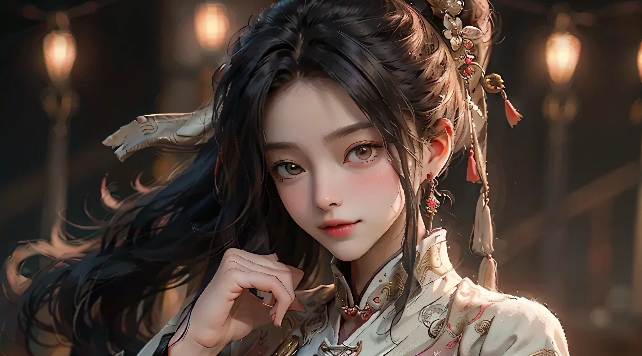 Best, masterpiece, upper body, night, full moon, 1 female, mature woman, Chinese style, ancient porcelain, older sister, royal sister, smile, black hair, high ponytail, curly hair, hairpin, light pink lips, calm, intellectual, brown eyes, tassels , Gold Thread, Beads, Armor, Shroud Silk Dress, Delicate Face, Facial Closeup, Hands Closeup, Red Dress, Beautiful Face, Realistic, Rim Lighting, Duotone Lighting, (High Detail Skin: 1.2), 8k uhd, dslr, soft light, high quality, volumetric light, photo, high resolution, 4k, 8k, bokeh