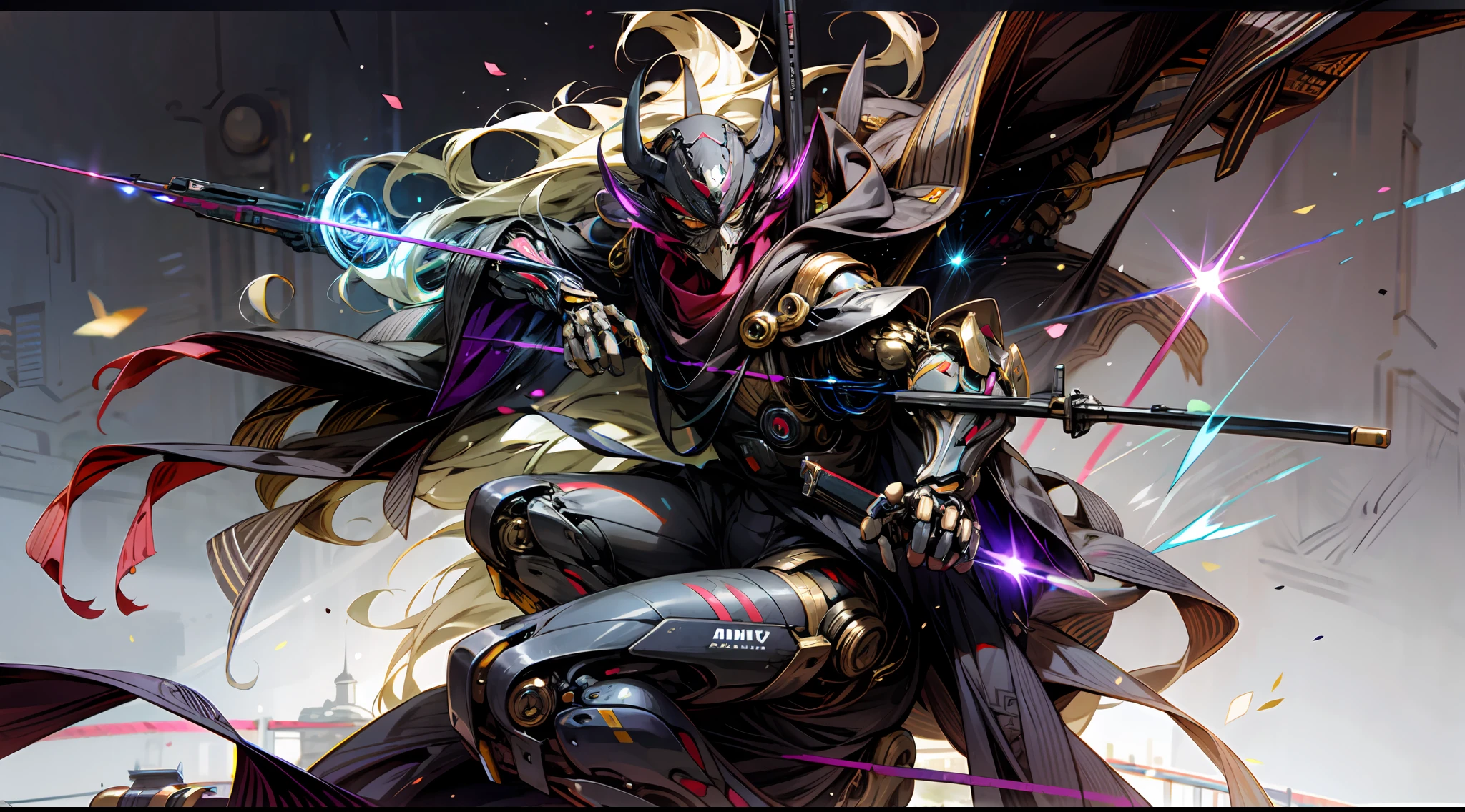 (Homem em um traje de peste black futuristic:0.9), (raven mask:1.1), (rifle:1.3), (Cyber futuristic environment:1.4), (bright and contrasting lighting:0.2), (Dynamic shooting angle:1.3), (contraste de fundo escuro:0.1), (Realismo:1.1), Escuro_fantasia,corvo Cyberpunk,(motosserra,homem vestido de corvo,portanto: 1.1),1 homem,Mechanical wonder of steel,robotic presence,cybernetic guardian, wearing a worn mechanical suit, intrincado, (steel metal [enferrujado]), elegante, Foco claro , Filmado por Greg Rutkowski, gentle illumination, cores vibrantes, obra-prima, ((rua)), Tiroteio de Cowboy, dinamic pose, ciencia_fiction, Katana, Katana mecanica roxa, propriedade_espada, lembrando vagamente de um  aparencia de anjo caido,