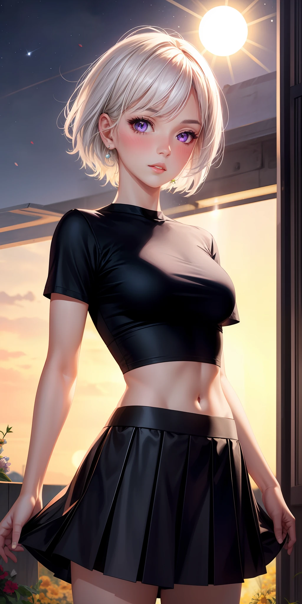 realistic, 1girl, white hair, purple eyes, glowing eyes, crop top, skirt, parted lips, blush, night, flowers, sun, sunlight,