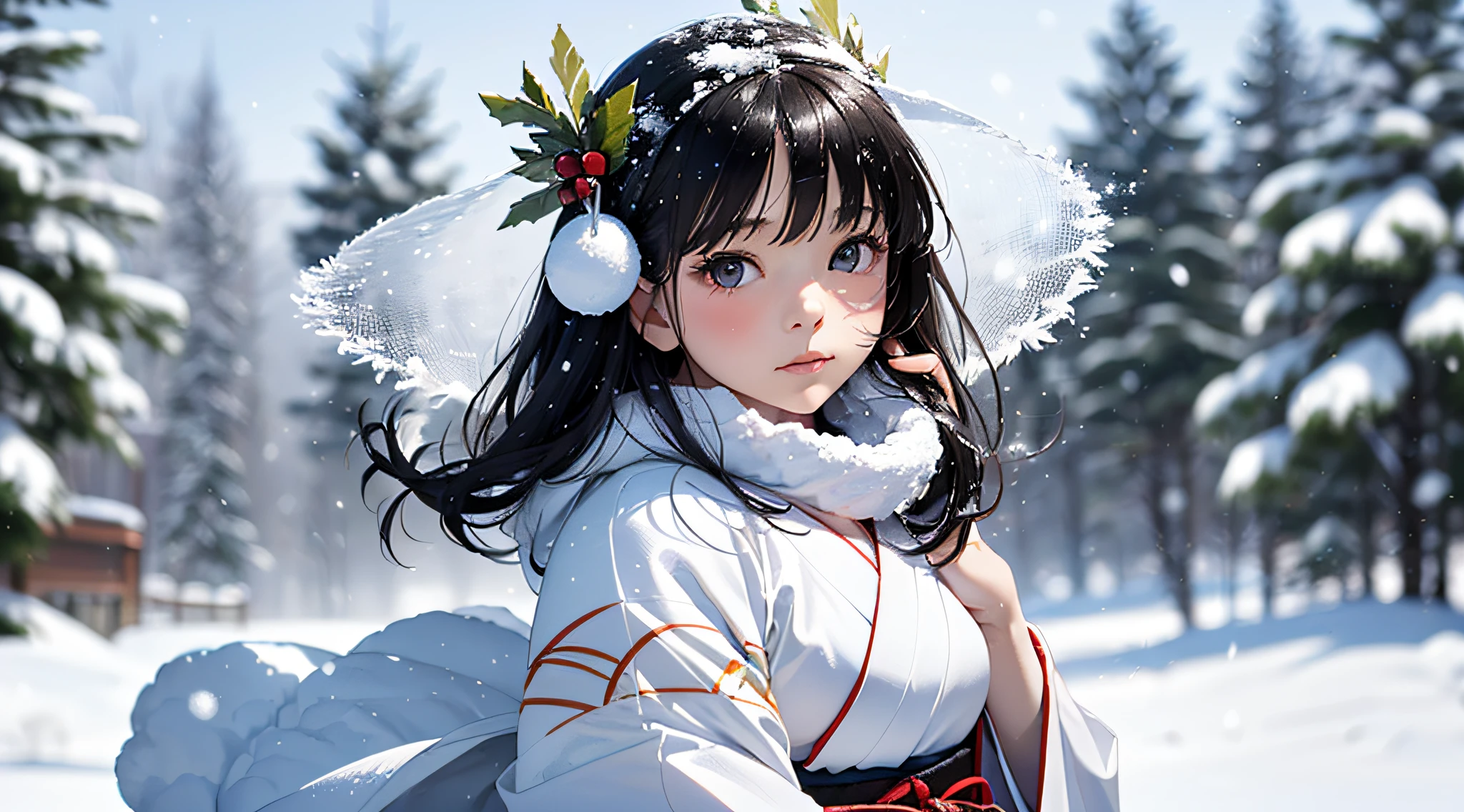 Masterpiece, Realistic, Top Quality, Full Body, Black Ultra Long Hair, (((Beautiful Snow Woman)))), (Beautiful Snow Woman in Old Tales)))), (Japan white kimono and white obi with long red sleeves fluttering only the obi hanging, face pointing downward and narrowed eyes looking up at the viewer)), (((Black hair with snowflake hair ornament and snowman hair fastening)), 20 years old, (Plains in a blizzard)))), ( No headgear))), photorealistic, blur the background