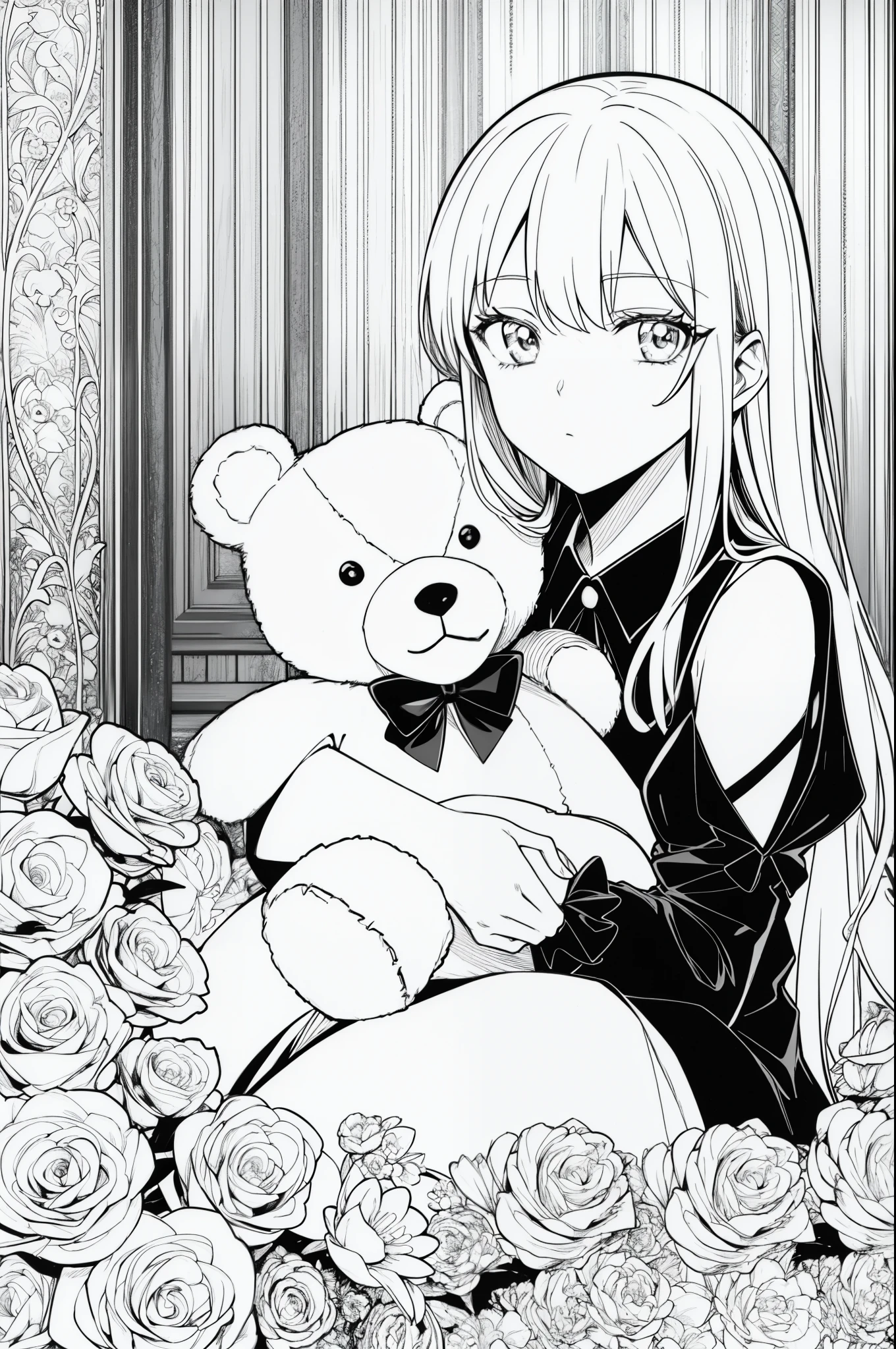 Anime style girl in black and white coloring with a teddy bear