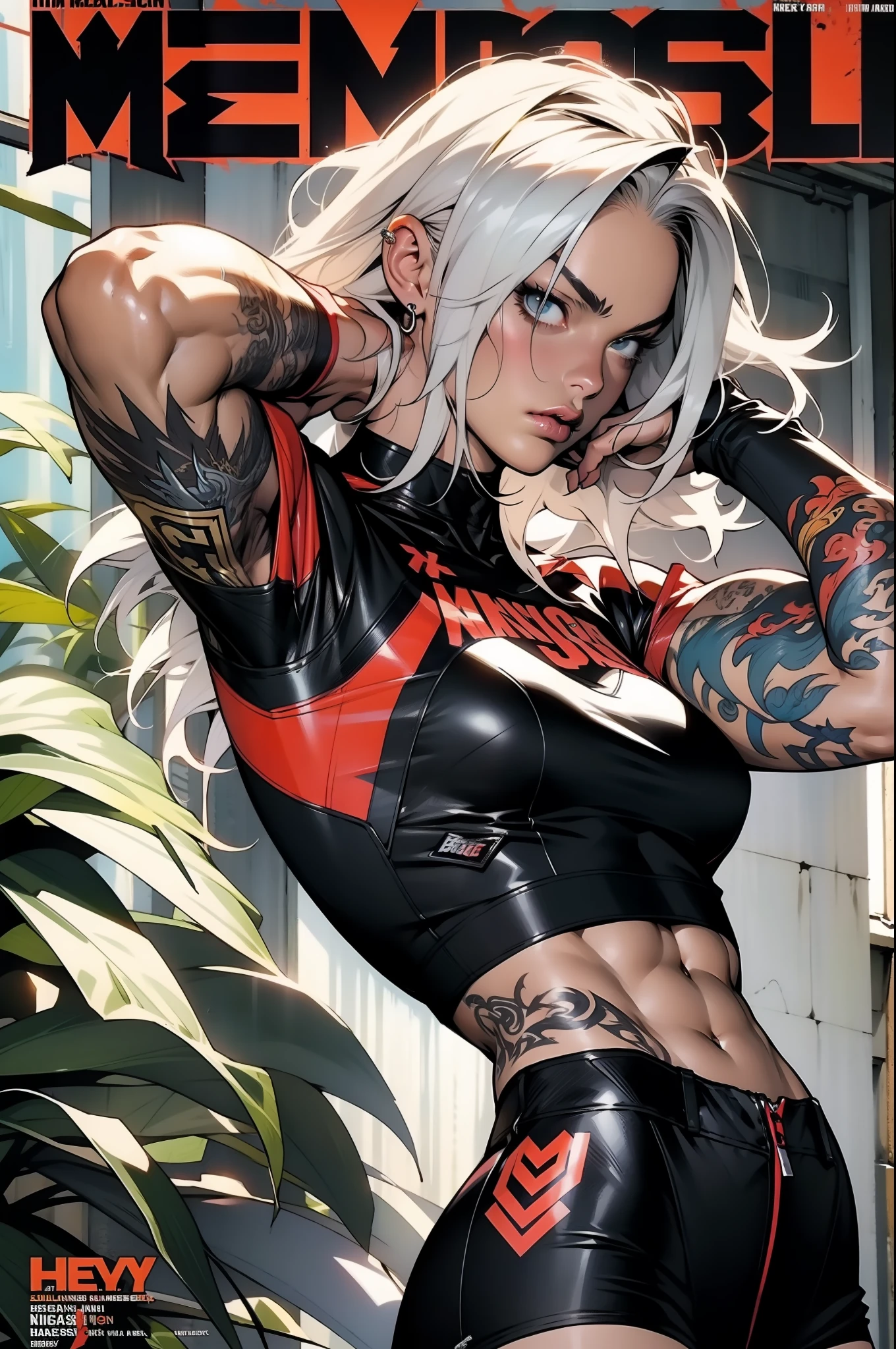 nijistyle, A muscular 35-year-old warrior woman almost naked in the Simon Bisley style for the cover of Heavy Metal magazine, tattoo covering the whole arm, hair half black half white, Minimum clothing, Short clothes,